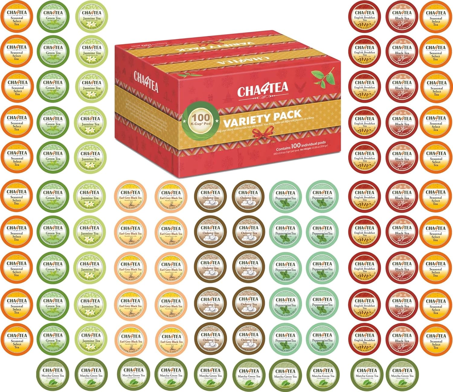 Cha4TEA 100-Count Variety Sampler Pack for Keurig K-Cup Brewers, 10 Flavors