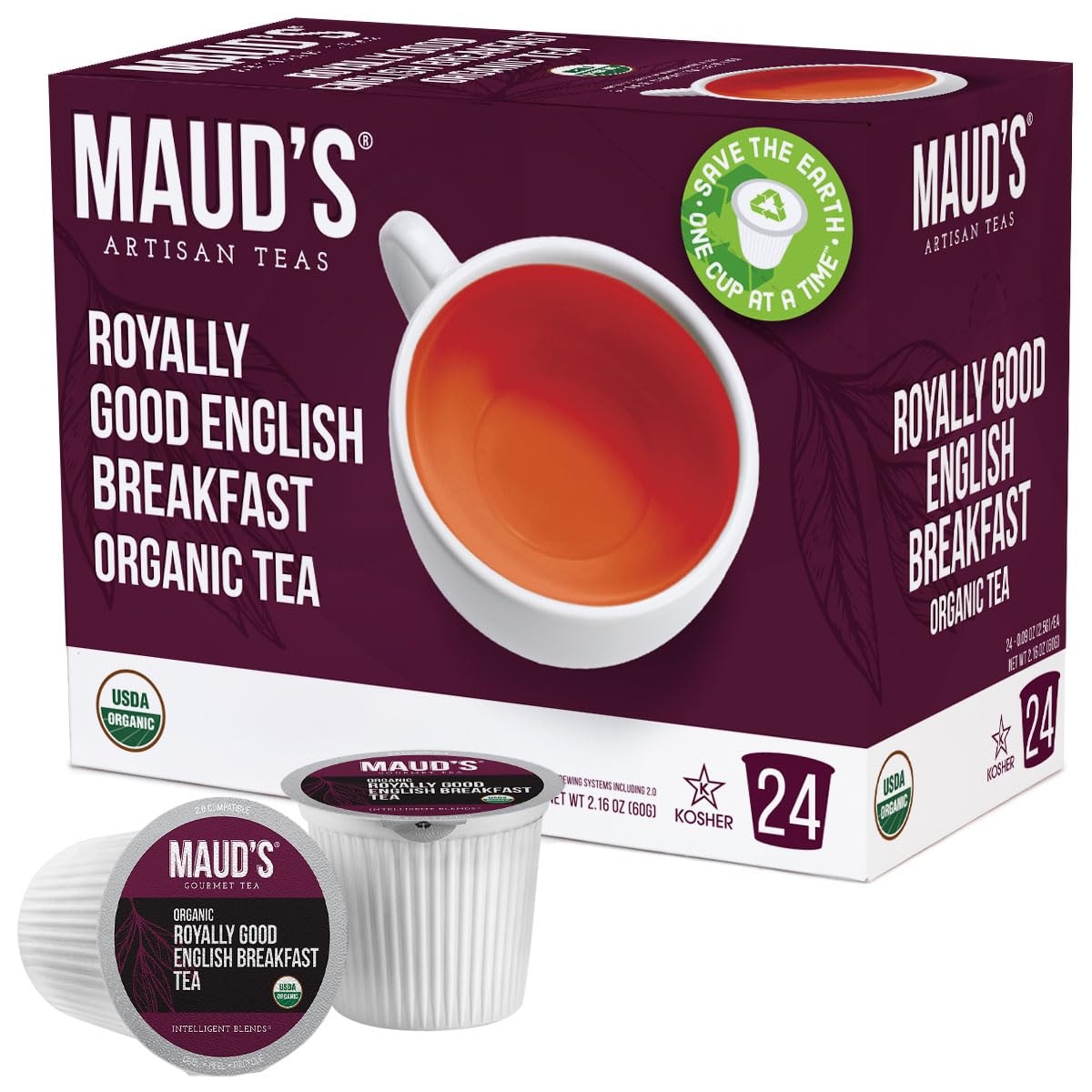 Maud' Organic English Breakfast Tea (Royally Good English Breakfast), 24ct. Solar Energy Produced Recyclable Single Serve Organic Black Tea Pods  100% Organic Tea California Blend, KCup Compatible