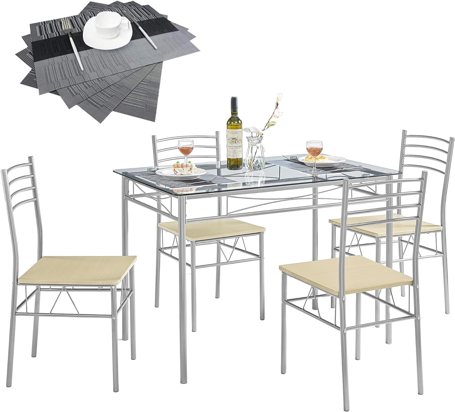 VECELO 5 Piece Dining Table Set for 4 with Chairs, Glass Top, Small Space, Silvery