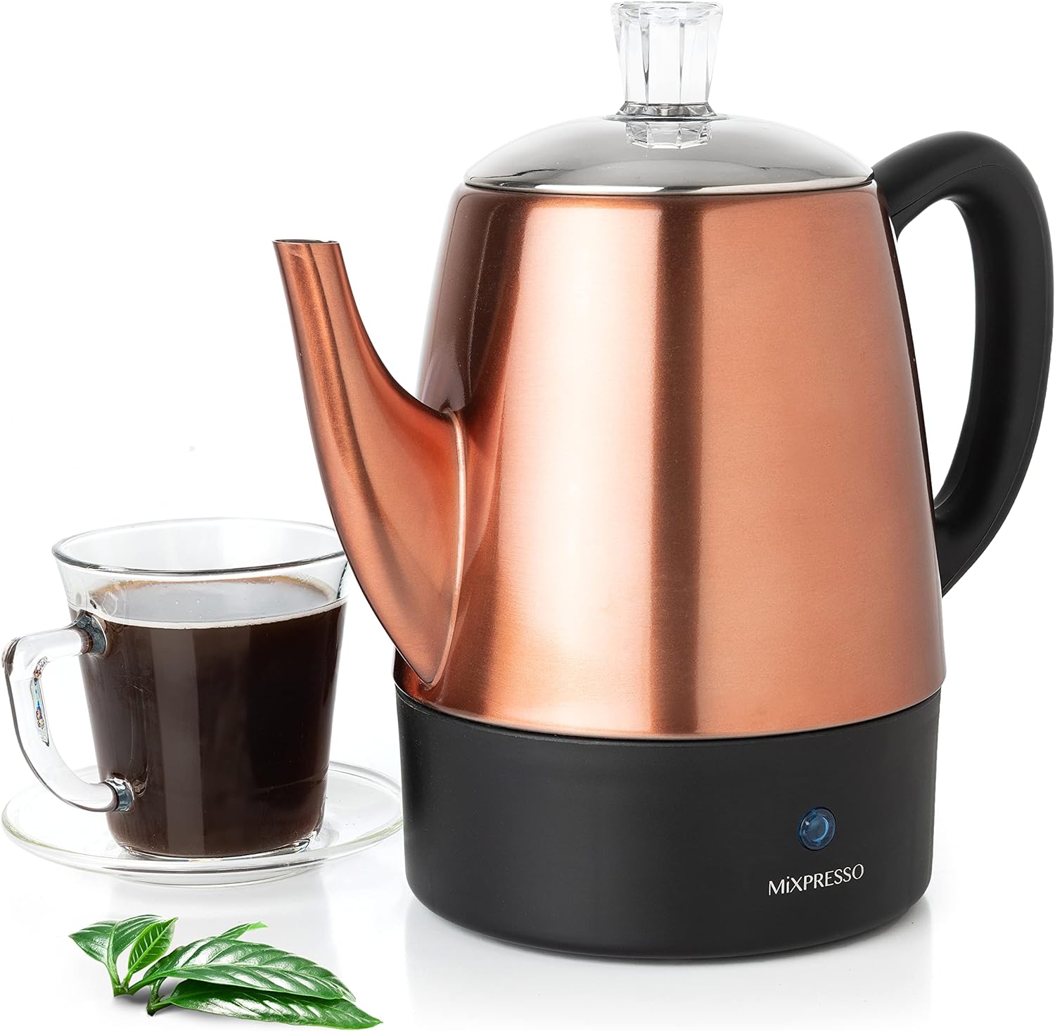 Mixpresso Electric Coffee Percolator Copper Body with Stainless Steel Lids Coffee Maker, Percolator Electric Pot - 4 Cups, Copper Camping Coffee Pot