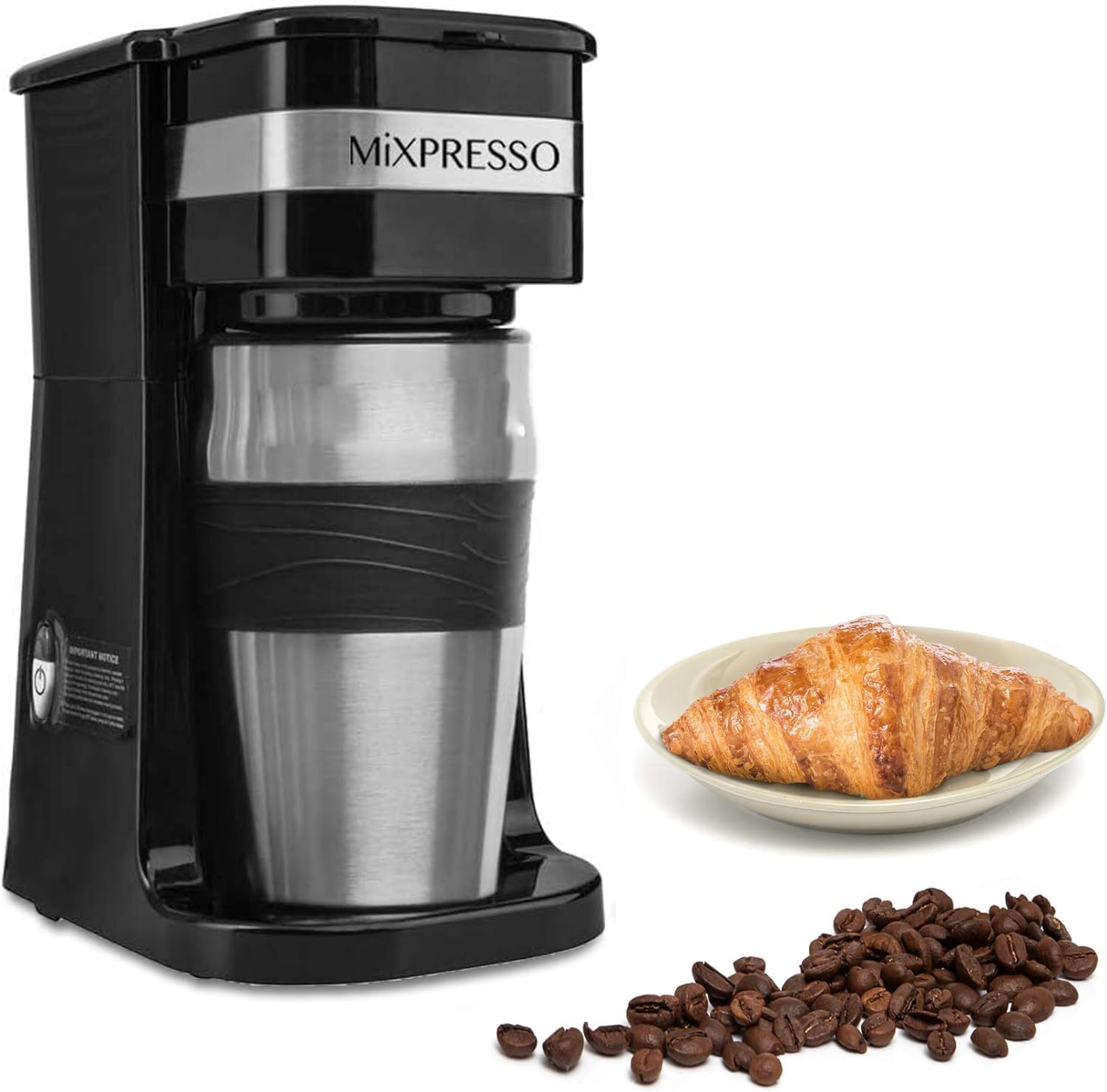 Mixpresso 2-In-1 Single Cup Coffee Maker & 14oz Travel Mug Combo, Portable & Lightweight Personal Drip Coffee Brewer & Tumbler Advanced Auto Shut Off Function & Reusable Eco-Friendly Filter