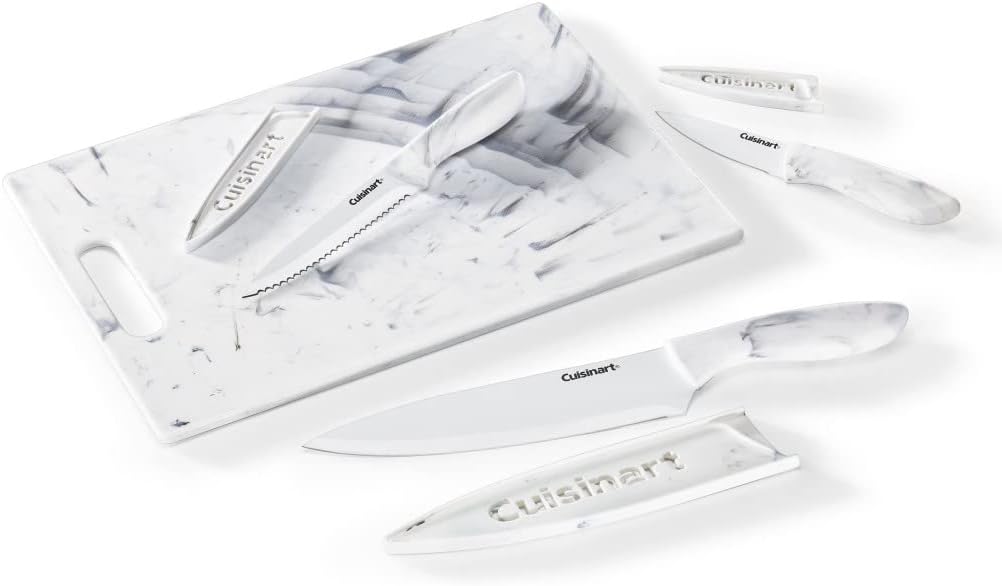 Cuisinart C55CB-7MB Advantage Faux-Marble Cutting Board and Cutlery Set, 7 PC, White/Black