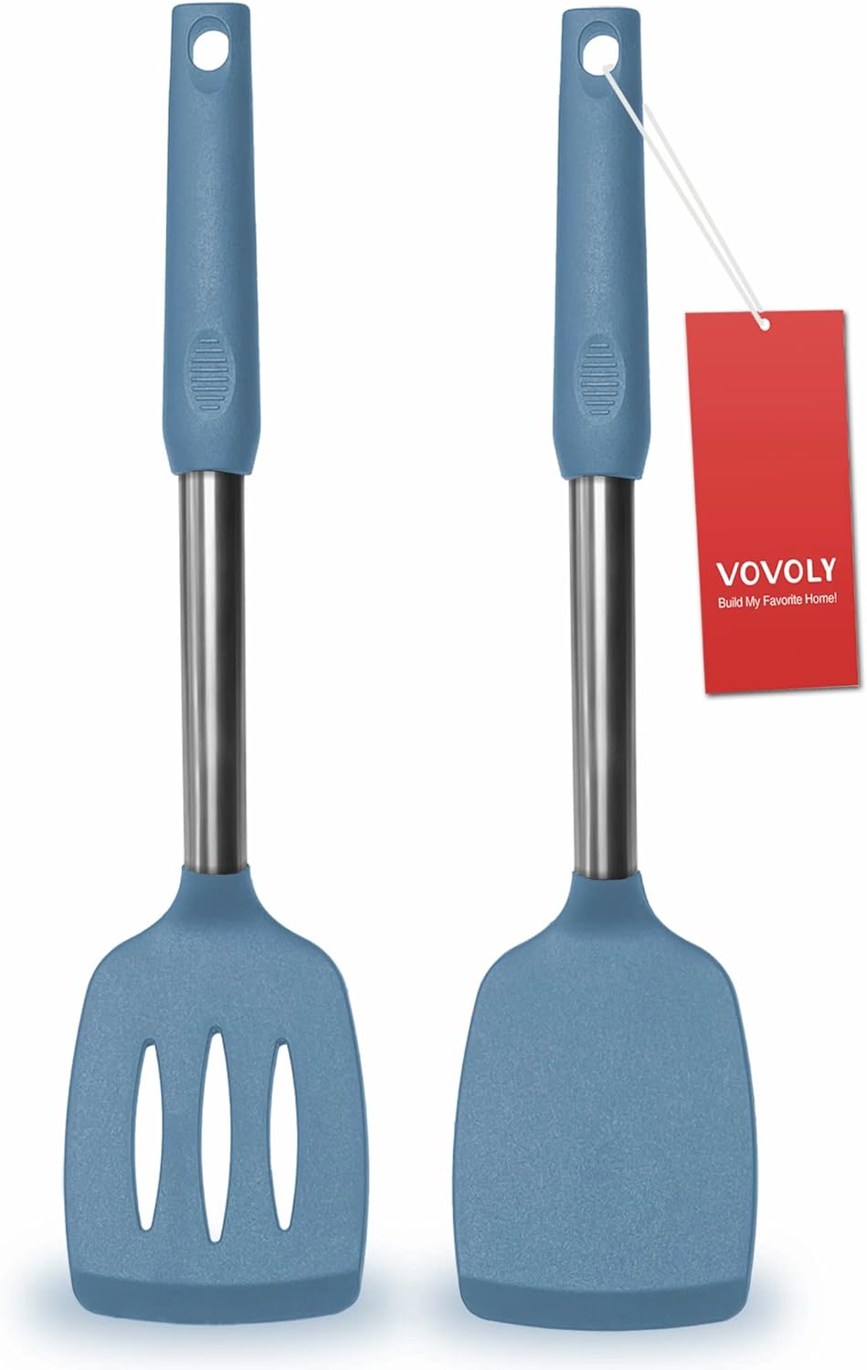 2 Pack Spatulas, Solid & Slotted Silicone Spatula Set, Stainless Steel Handle Coated with Silicone, Non Stick, Heat Resistant BPA Free Rubber Flipper for Fish, Eggs, Pancakes, WOK, Starry Blue