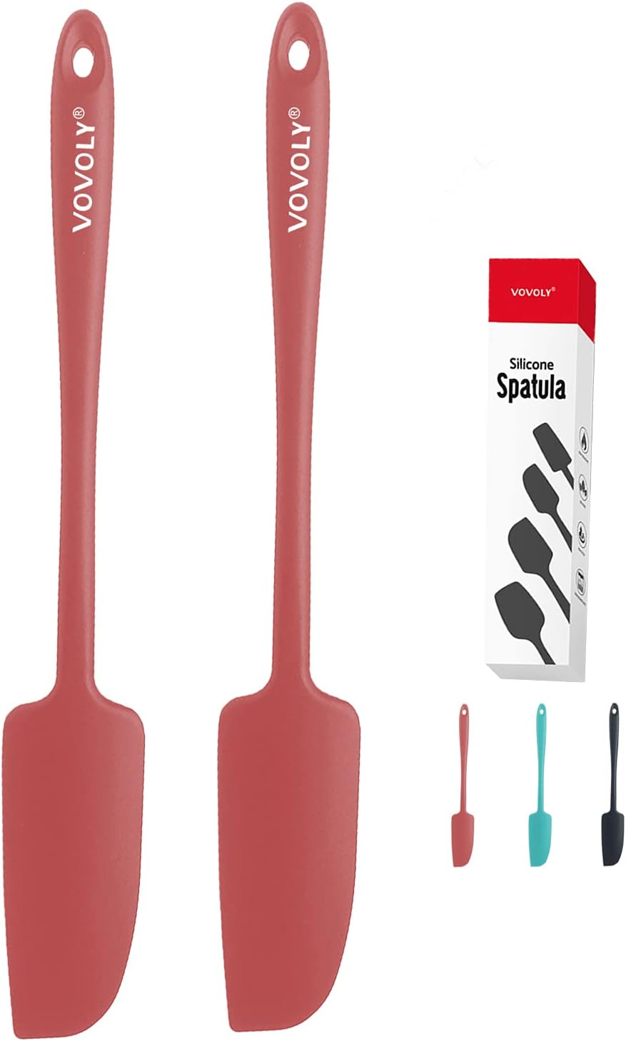 2-Pack Vovoly Silicone Jar Spatulas, Small Seamless Design Rubber Scraper with Stainless Steel Core, Heat Resistant and Non-Stick Mini Spatula for Jars and Blenders, BPA Free,11 IN, Red