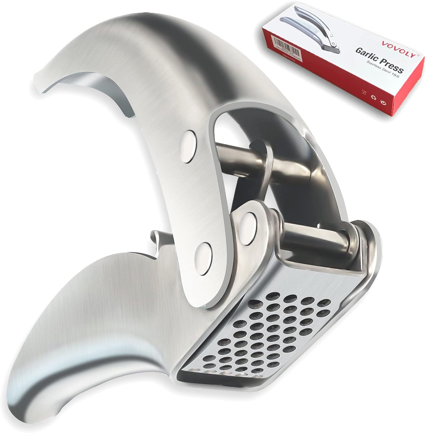 VOVOLY Premium Garlic Press Stainless Steel, No need to Peel Garlic Presser, Heavy Duty Professional Grade Double Lever-Assisted Garlic Mincer with High Capacity Chamber- Easier Clean Garlic Crusher