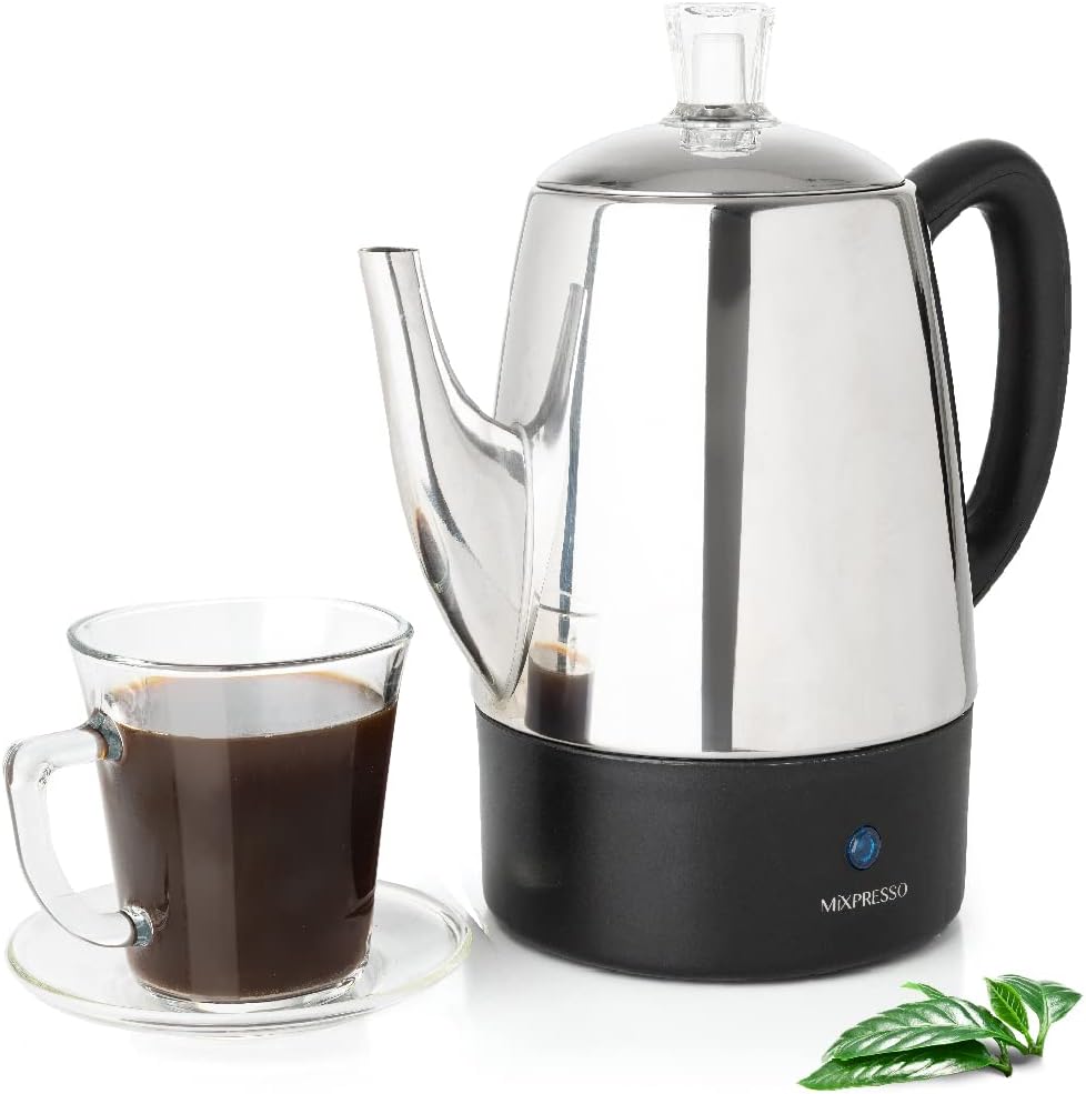 Mixpresso Electric Percolator Coffee Pot, Stainless Steel Coffee Maker, Percolator Electric Pot, 10 Cups Stainless Steel Percolator With Coffee Basket