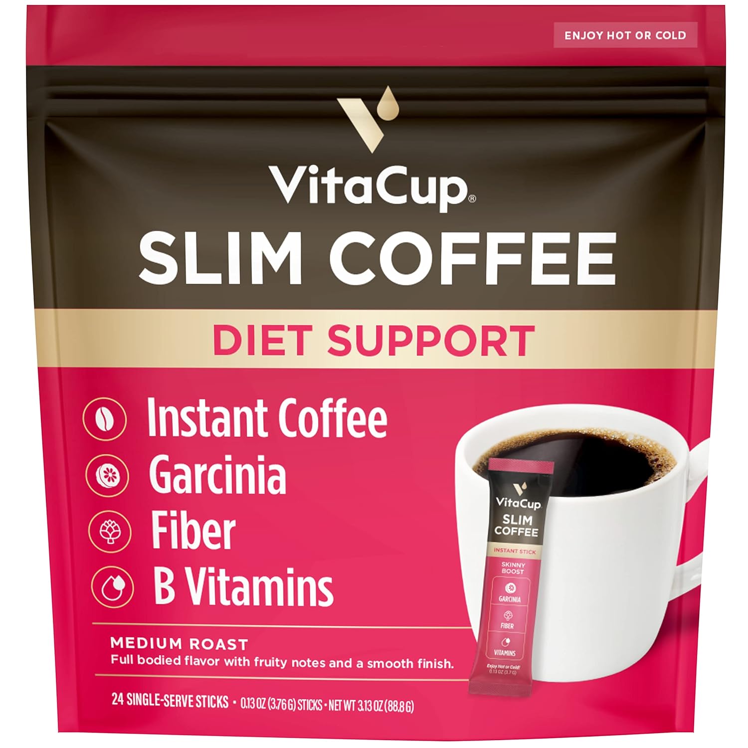 VitaCup Slim Instant Coffee Packets, with Garcinia, Fiber, B Vitamins, Bold & Smooth, Medium Dark Roast, 100% Arabica Coffee in Single Serve Sticks, 24 Ct