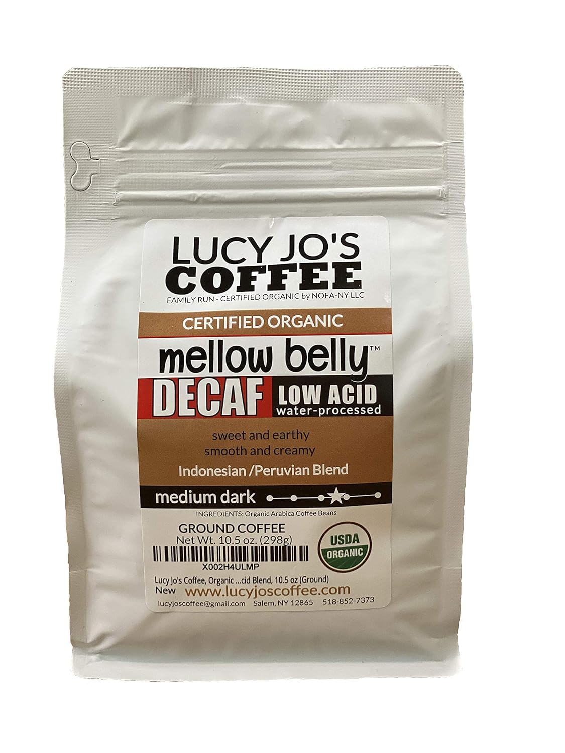 Lucy Jo' Coffee, Organic Decaf Mellow Belly Low Acid Blend, Medium Dark, 10.5 oz (Ground)