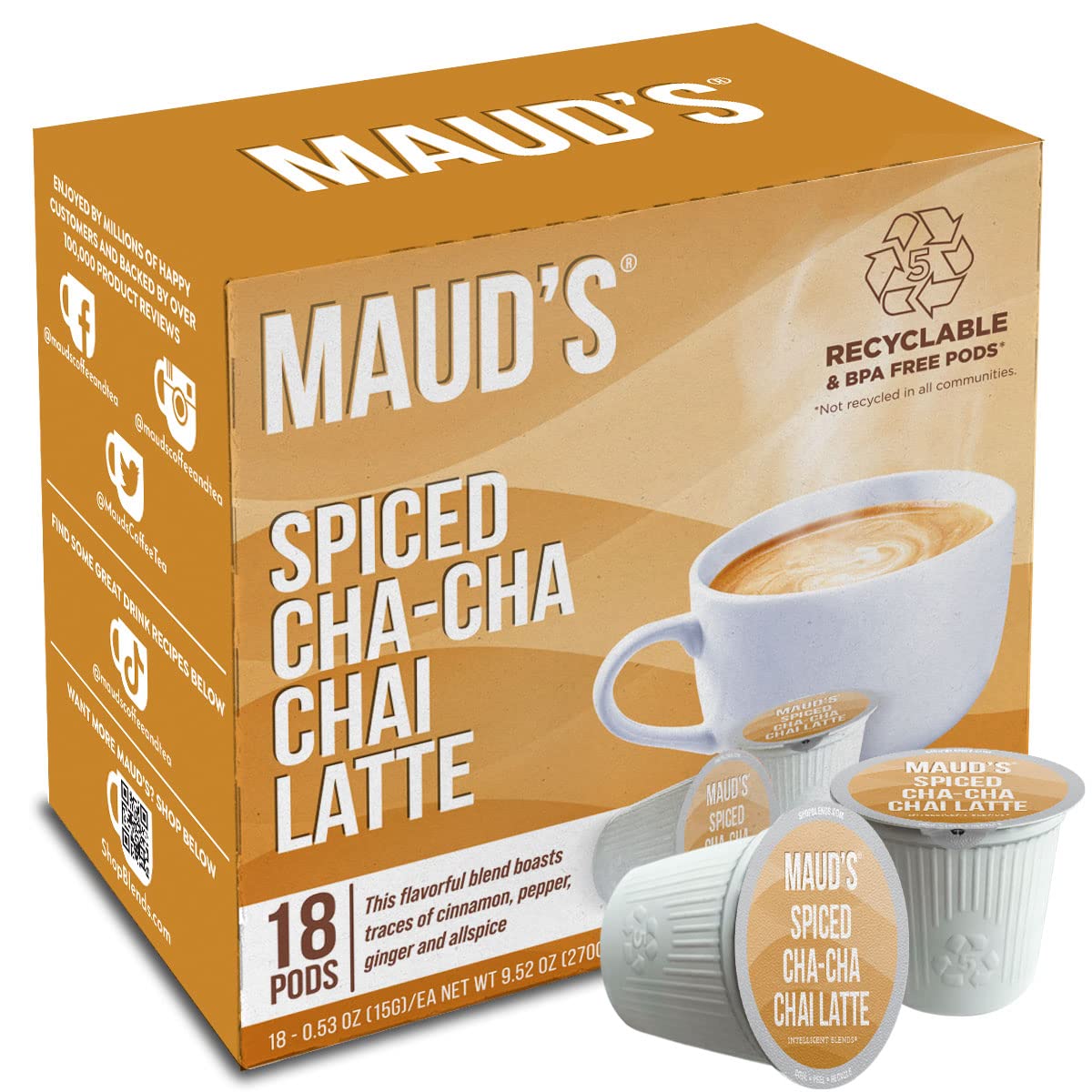 Maud' Spiced Chai Tea Latte, 18ct. Solar Energy Produced Recyclable Single Serve Tea Pods - 100% California Tea Leaves, KCup Compatible