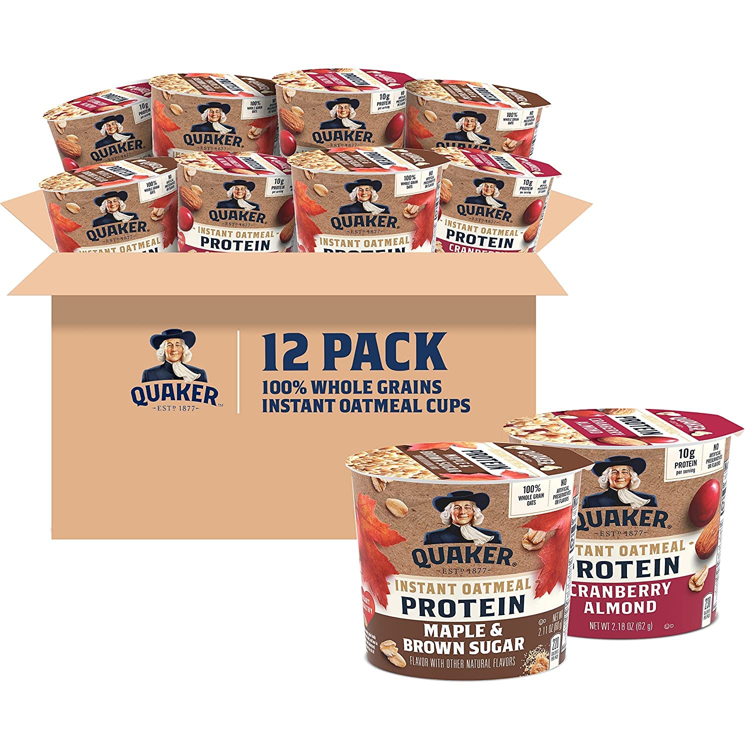 Quaker Instant Oatmeal Express Cups, 10g Protein 2 Flavor Variety Pack, (Pack of 12)