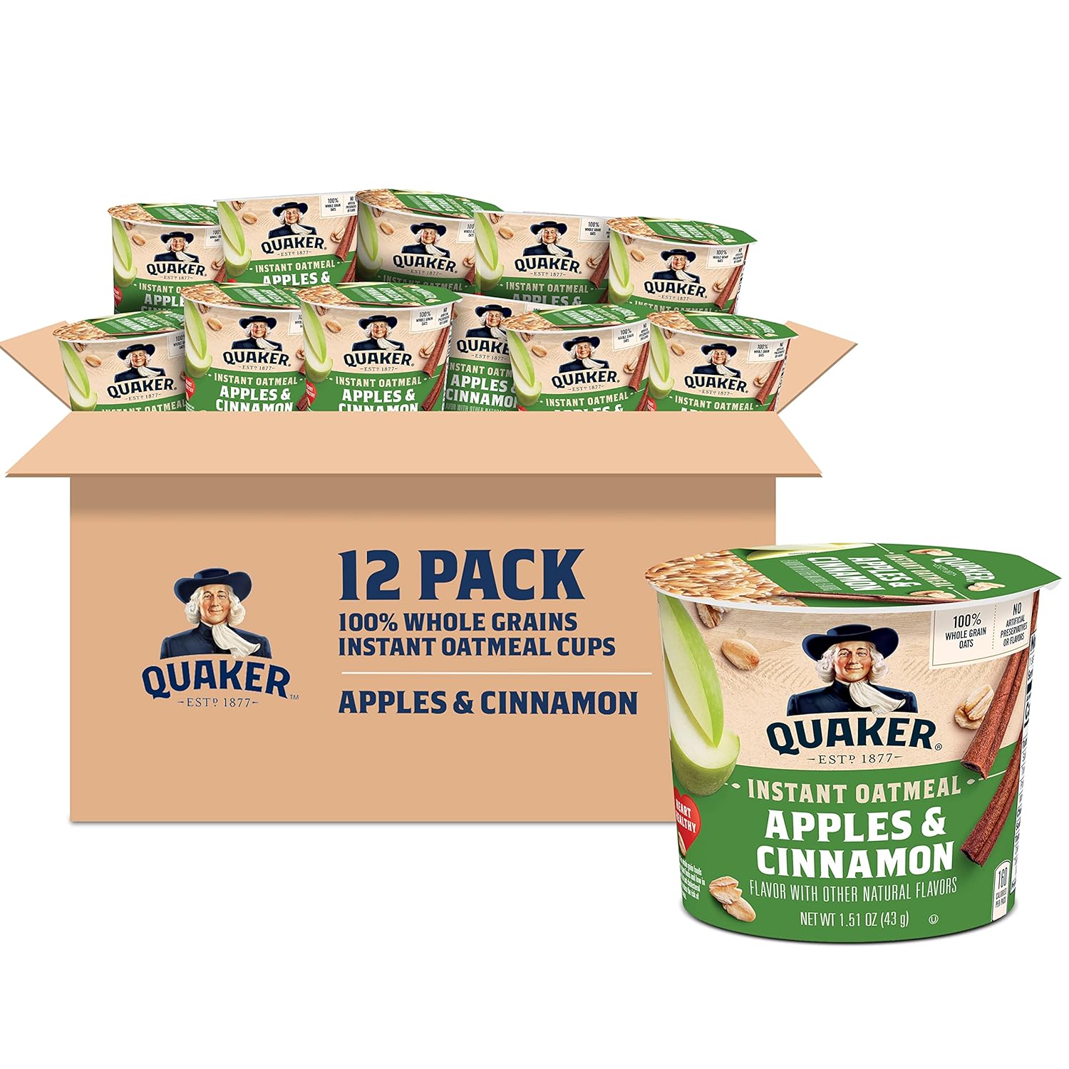 Quaker Instant Oatmeal Express Cups, Apples & Cinnamon, 1.51 Ounce (Pack of 12)