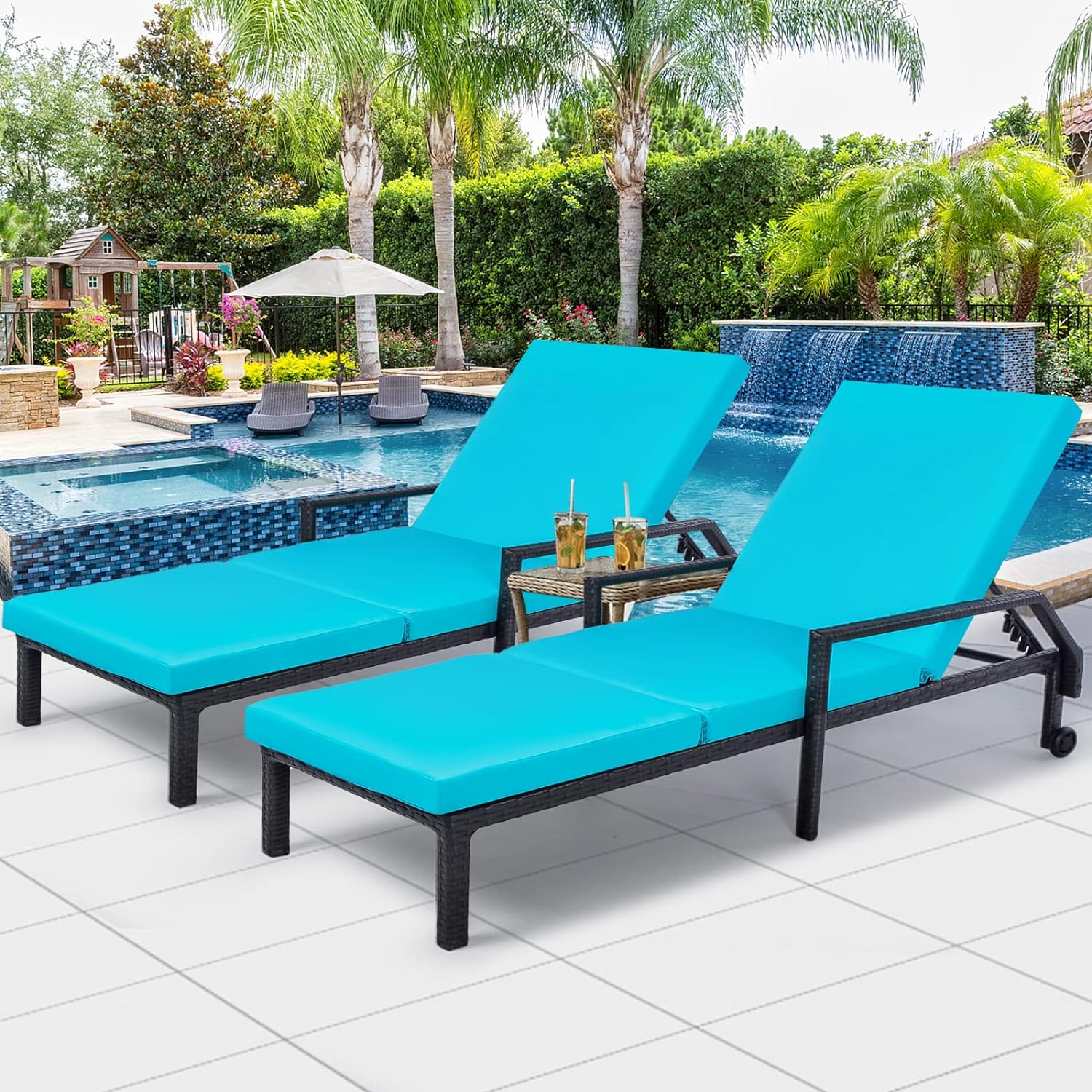 AECOJOY Chaise Lounge Chairs for Outside Outdoor Lounge Chairs Set of 2, Adjustable PE Rattan Wicker Patio Pool Lounge Chair with Cushion and Wheels for Poolside Backyard Deck Porch Garden, Blue