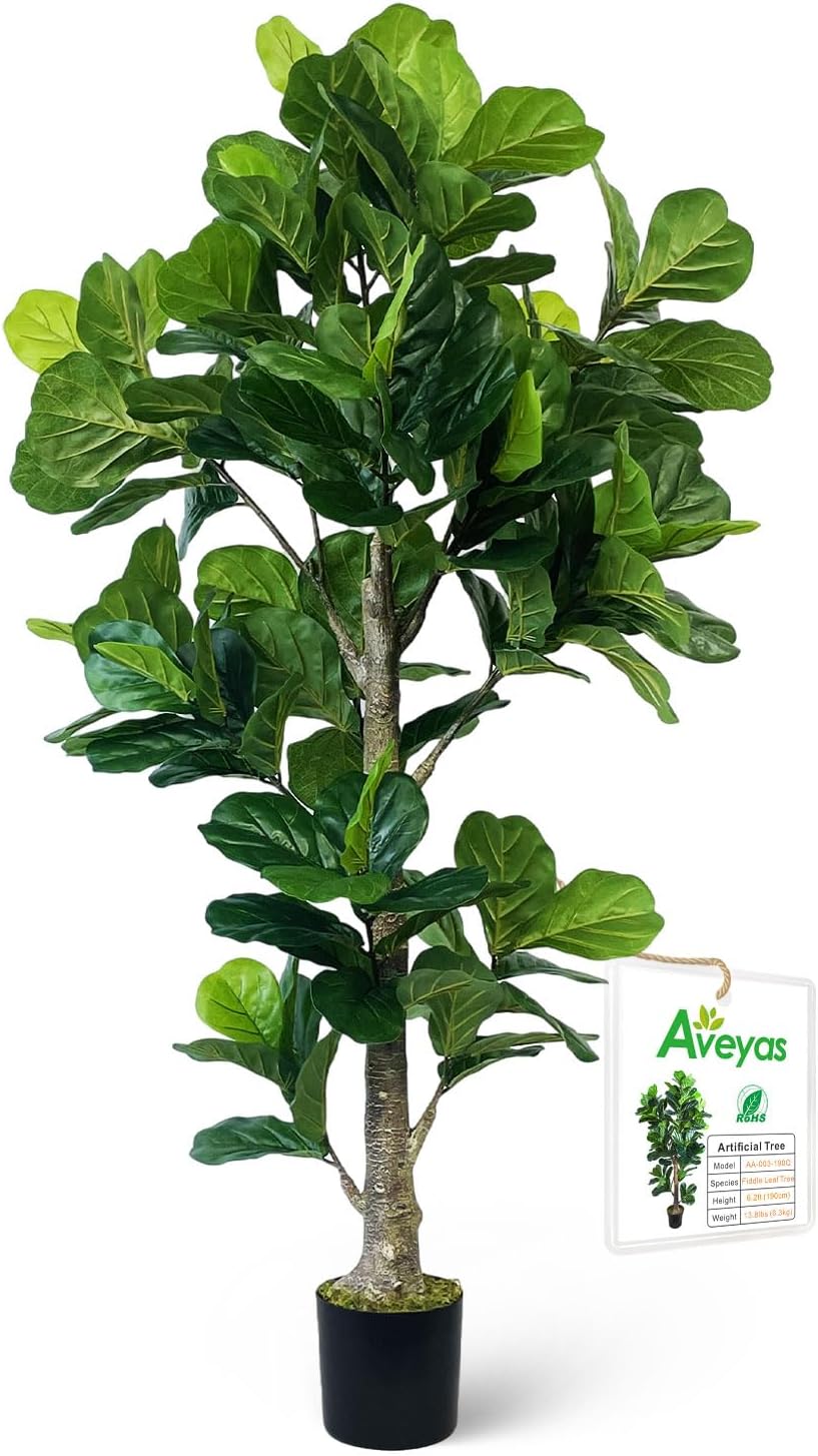 Aveyas 6ft Artificial Fiddle Leaf Fig Tree for Home Decor, 6 Feet Large Faux Plant Fake Ficus lyrata Silk Trees with Pot for Indoor Outdoor House Living Room Office (6 ft Tall)