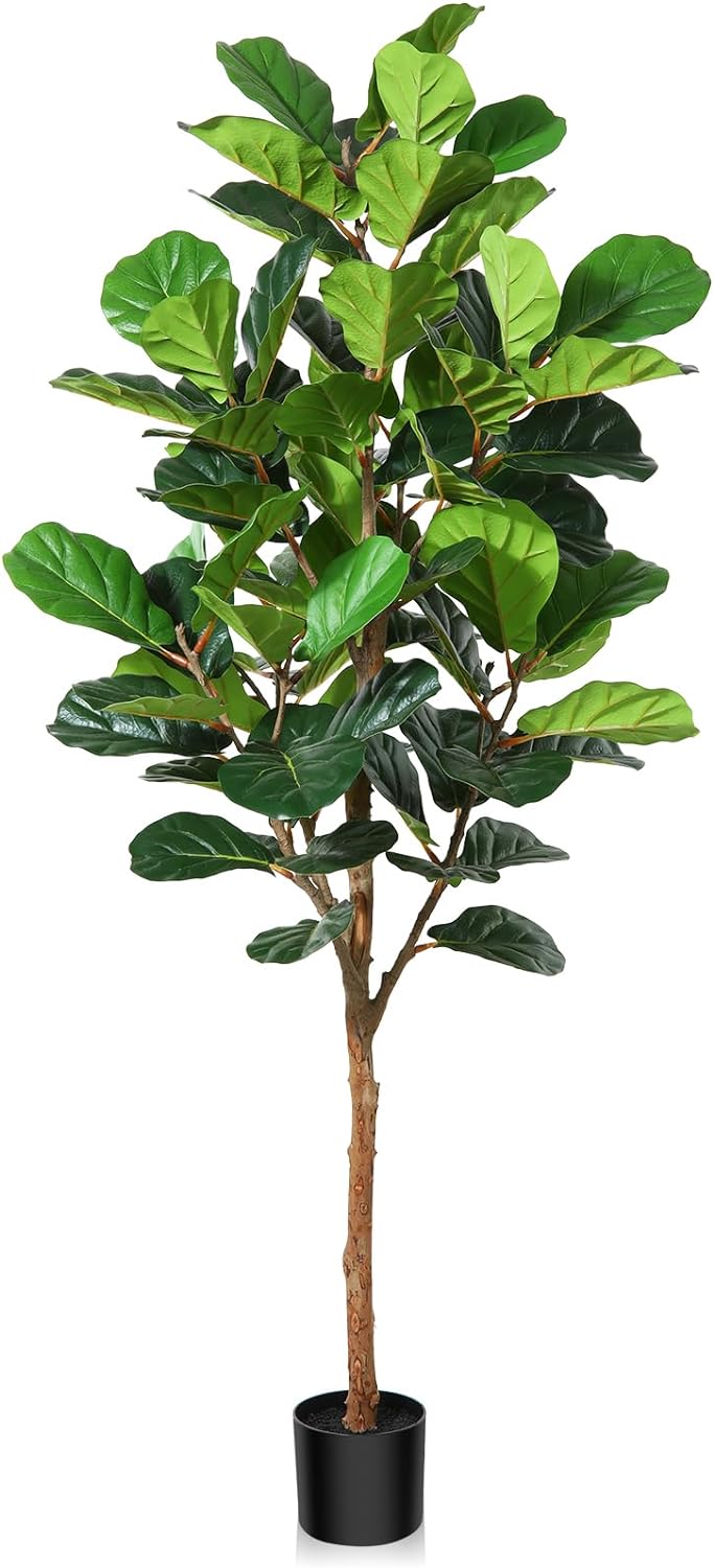 Laiwot Artificial Tree,6ft Tall Fake Fiddle Leaf Fig Tree, Indoor Outdoor Ficus Lyrata Tree Fake Plants, Faux Tree with Natural Wood Trunk in Pot, Artificial Plants for Home Office Room Decor, 1 Pack