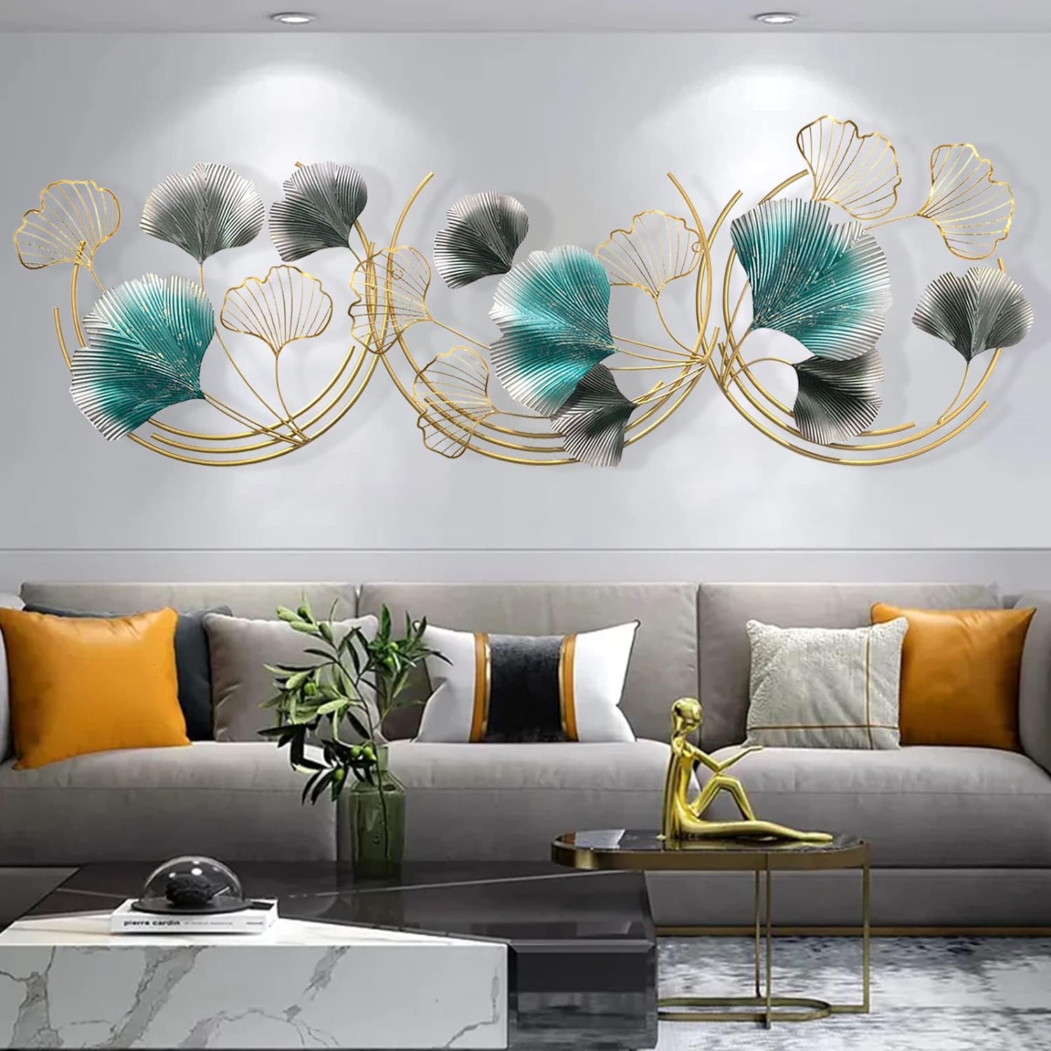 DESYIFO Metal Wall Art Large Wall Decor for Living Room 59in*19in 3D Ginkgo Leaf Wall Decor for Bedroom Kitchen Bathroom Home Office Wall Decorations