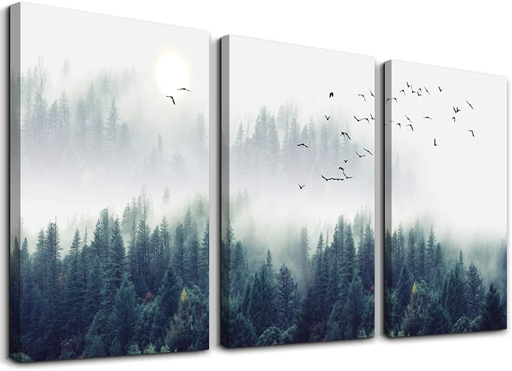 3 Piece Canvas Wall Art for Living Room Wall Decorations for Bedroom Office Wall decor Foggy forest Trees Landscape painting Stretched and Framed Ready to Hang pictures Home Decor 12x16x3 Panels