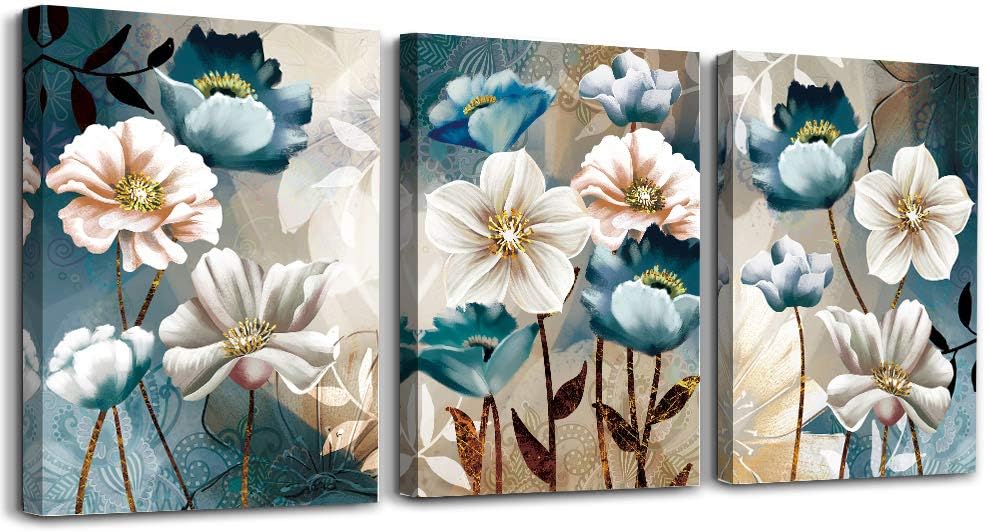 SERIMINO Large Canvas Wall Art for Living Room White and Indigo Blue Floral Pictures Wall Decor for Dining Room Bedroom Bathroom Kitchen 3 Pieces Lotus Flower Print Painting for Home Decorations