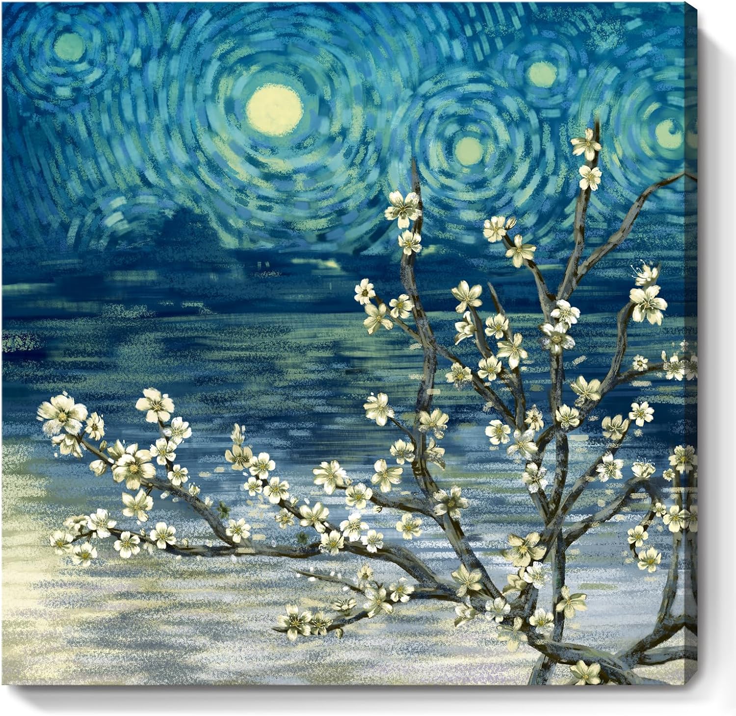 Canvas Wall Art for Bedroom Flower Canvas Picture Floral Tree Painting Almond Blossom at Starry Night Landscape Artwork Abstract Lake Blue Teal Yellow Canvas Print for Modern Home Living Room Bathroom