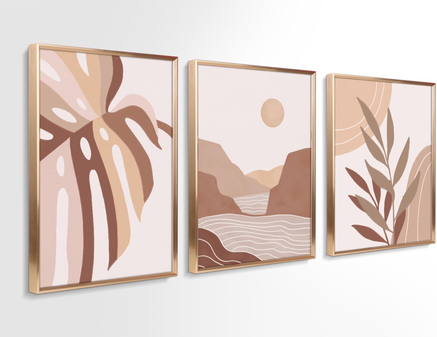 ArtbyHannah Boho Wall Art, Canvas Wall Art Set of 3, Gold Framed Canvas Wall Decor with Decorative Bohemian Botanical Prints for Modern Bedroom, Office, 12x16 Inch