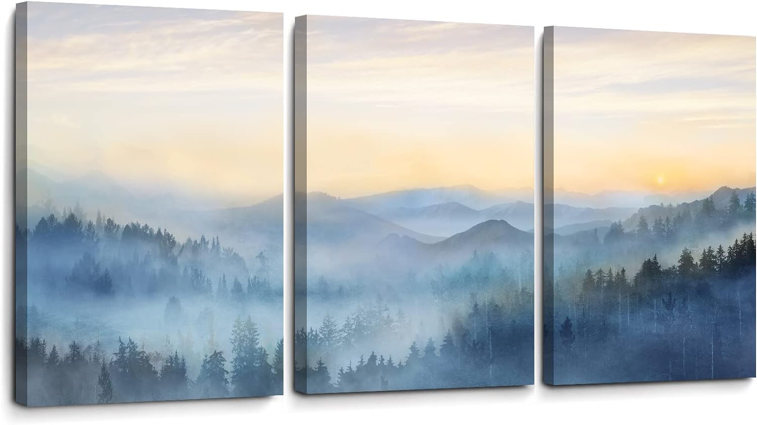 Wall Decor for Bedroom 3 Panel Sunrise Misty Forest Print Picture Paintings Wall Art for Living Room Bathroom Framed Canvas Artwork Modern Room Wall Decorations Size 12x16 x 3 Piece Ready to Hang