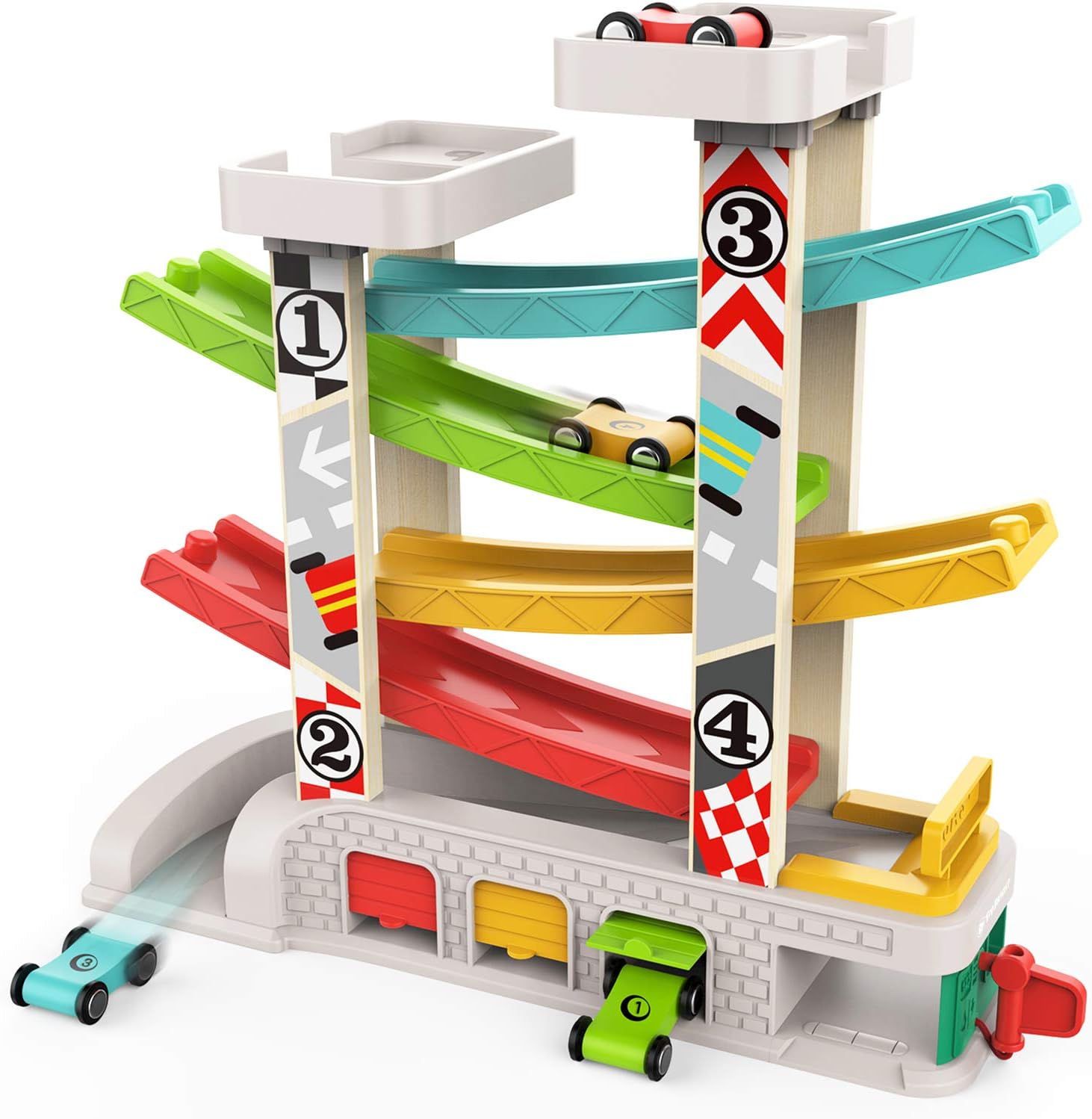 TOP BRIGHT Toddler Race Track Toy for 1-3 Year Olds With 4 Wooden Cars and 3 Car Garage