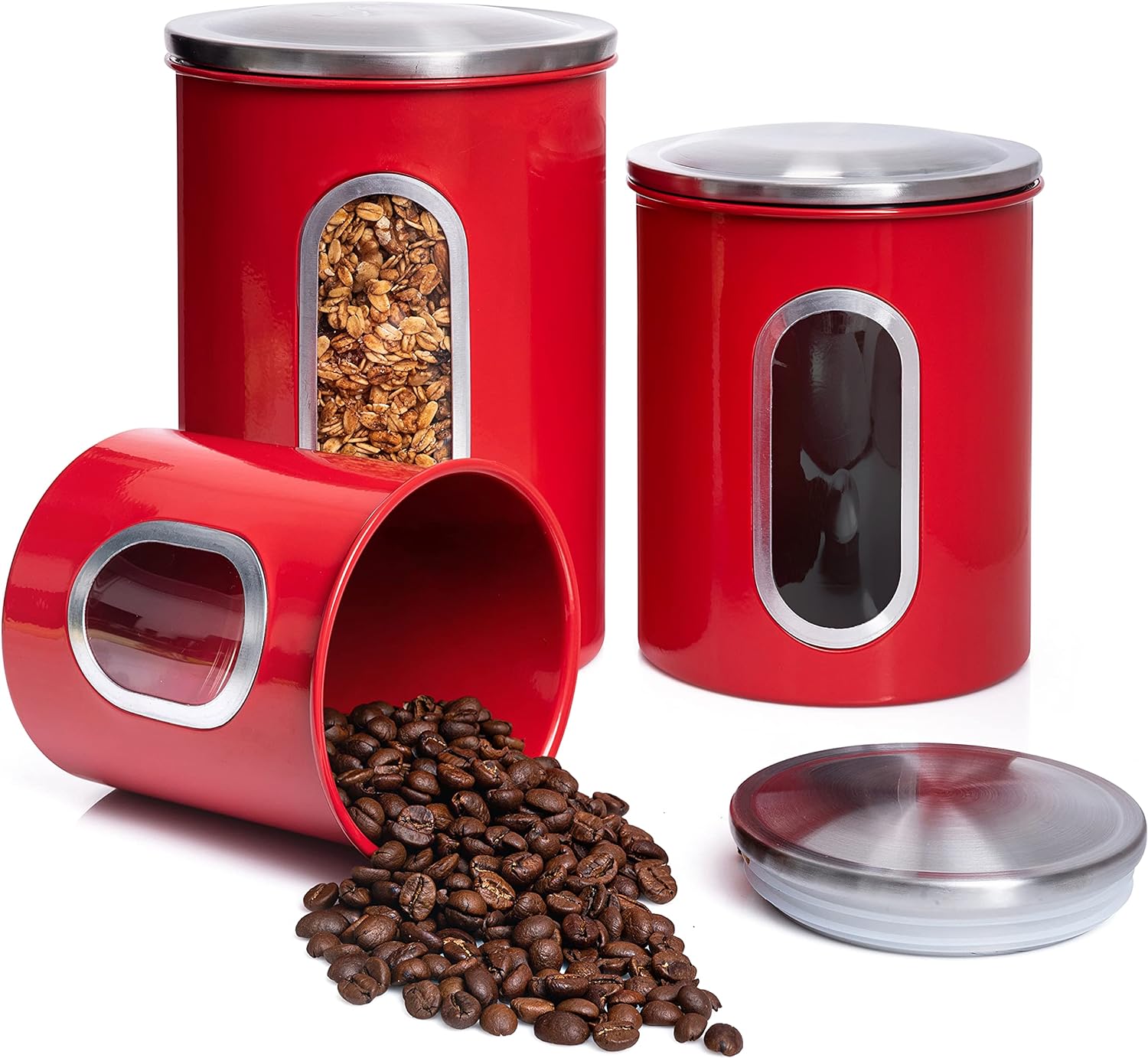 Mixpresso 3 Piece Red Canisters Sets For The Kitchen, Kitchen Jars With See Through Window, Airtight Coffee Container Tea Organizer & Sugar Canister, Kitchen Canisters Set of 3 Red Kitchen Decor.