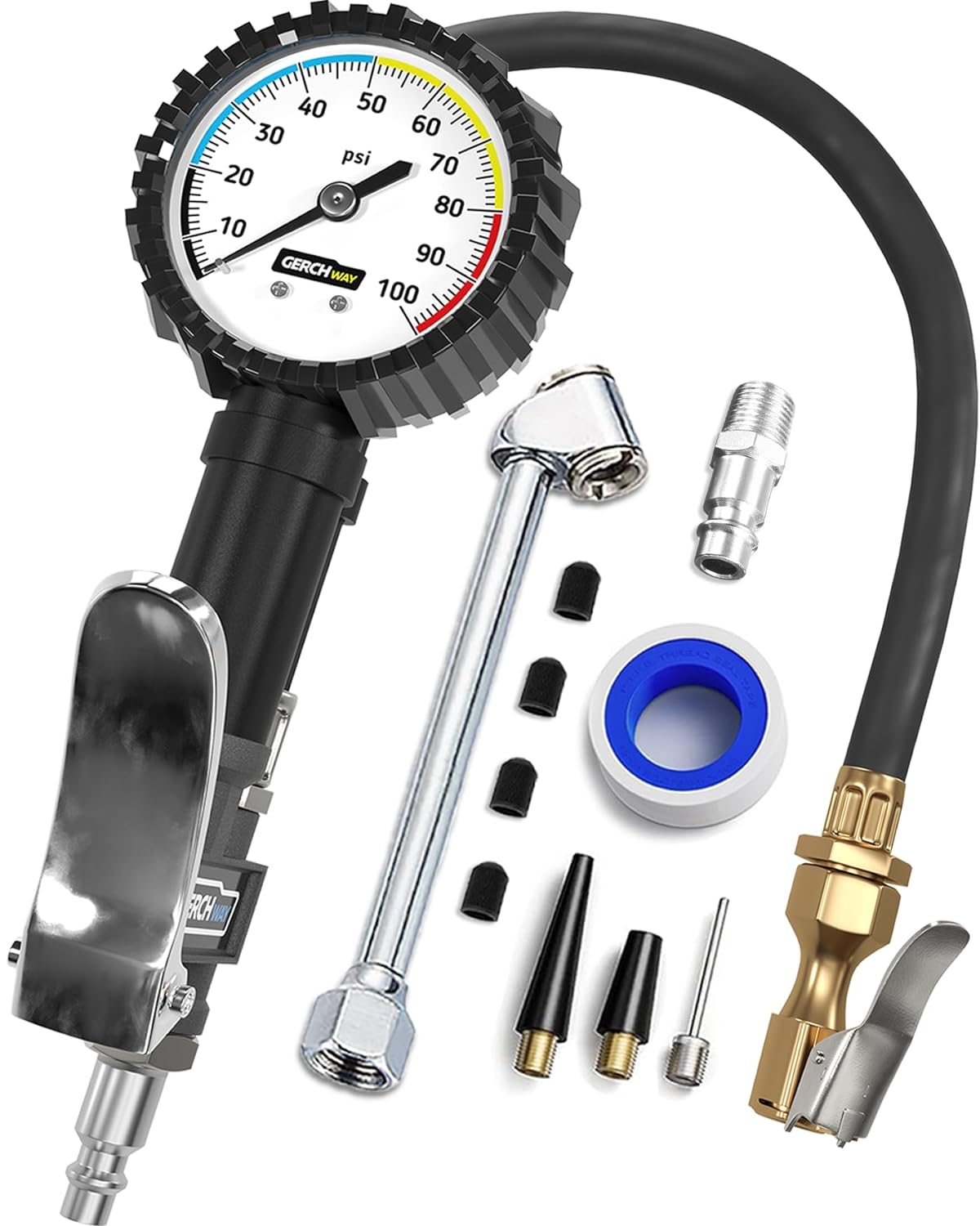 Tire Inflator with Pressure Gauge and Longer Hose - Most Accurate, Heavy Duty Air Chuck with Gauge for Air Compressor Tire Inflator Attachment - 100PSI