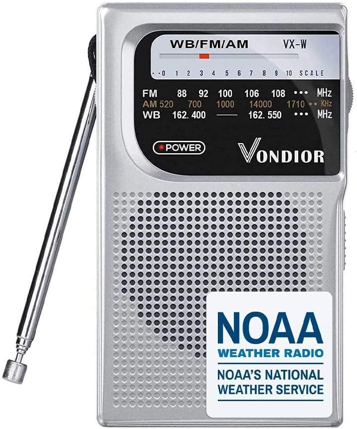 NOAA Weather Radio - Emergency NOAA/AM/FM Battery Operated Portable Radio with Best Reception and Longest Lasting Transistor. Powered by 2 AA Battery with Mono Headphone Socket, by Vondior (Silver)