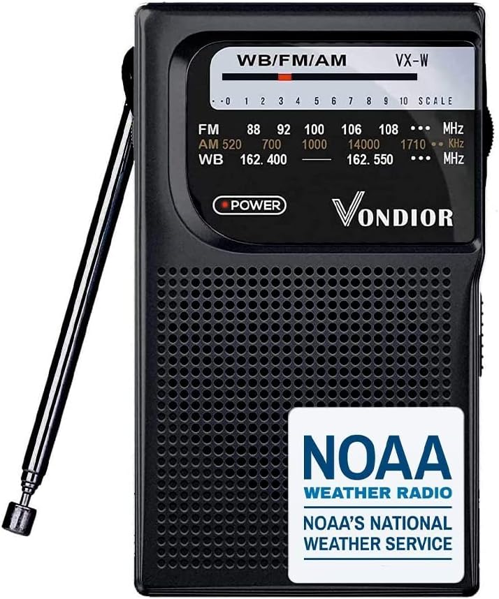 Vondior Portable NOAA Weather Radio, Battery Operated Emergency NOAA/AM/FM Radio with Best Reception, Pocket Weather Alert Radio with Headphone Jack, Gifts for Lover, Parents and Friends (Black)