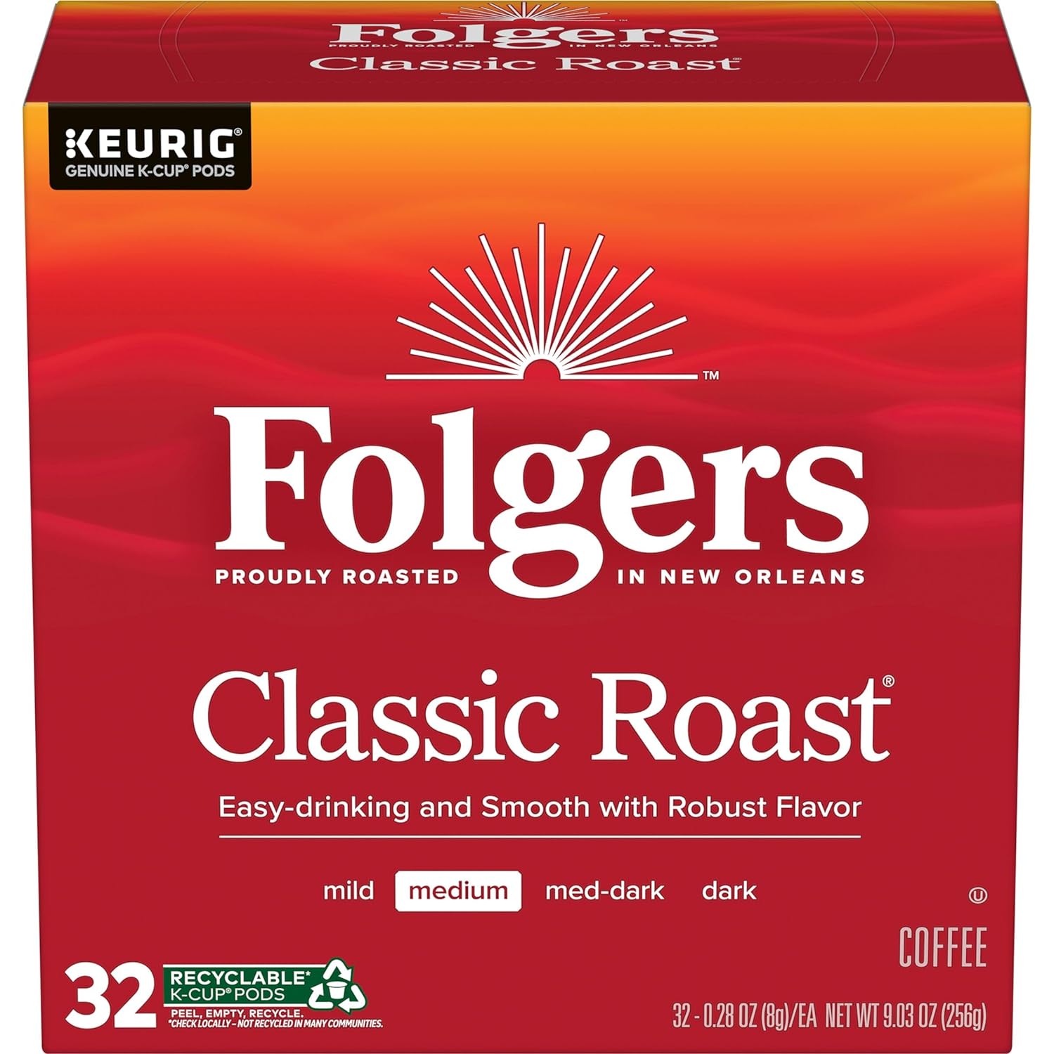 Folgers Classic Roast Coffee, Medium Roast, 32 Keurig K-Cup Pods