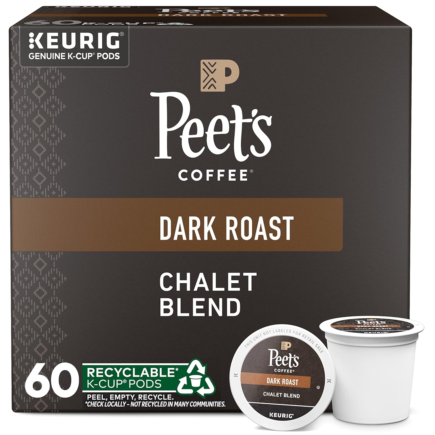 Peet' Coffee, Dark Roast K-Cup Pods for Keurig Brewers - Chalet Blend 60 Count (1 Box of 60 K-Cup Pods)