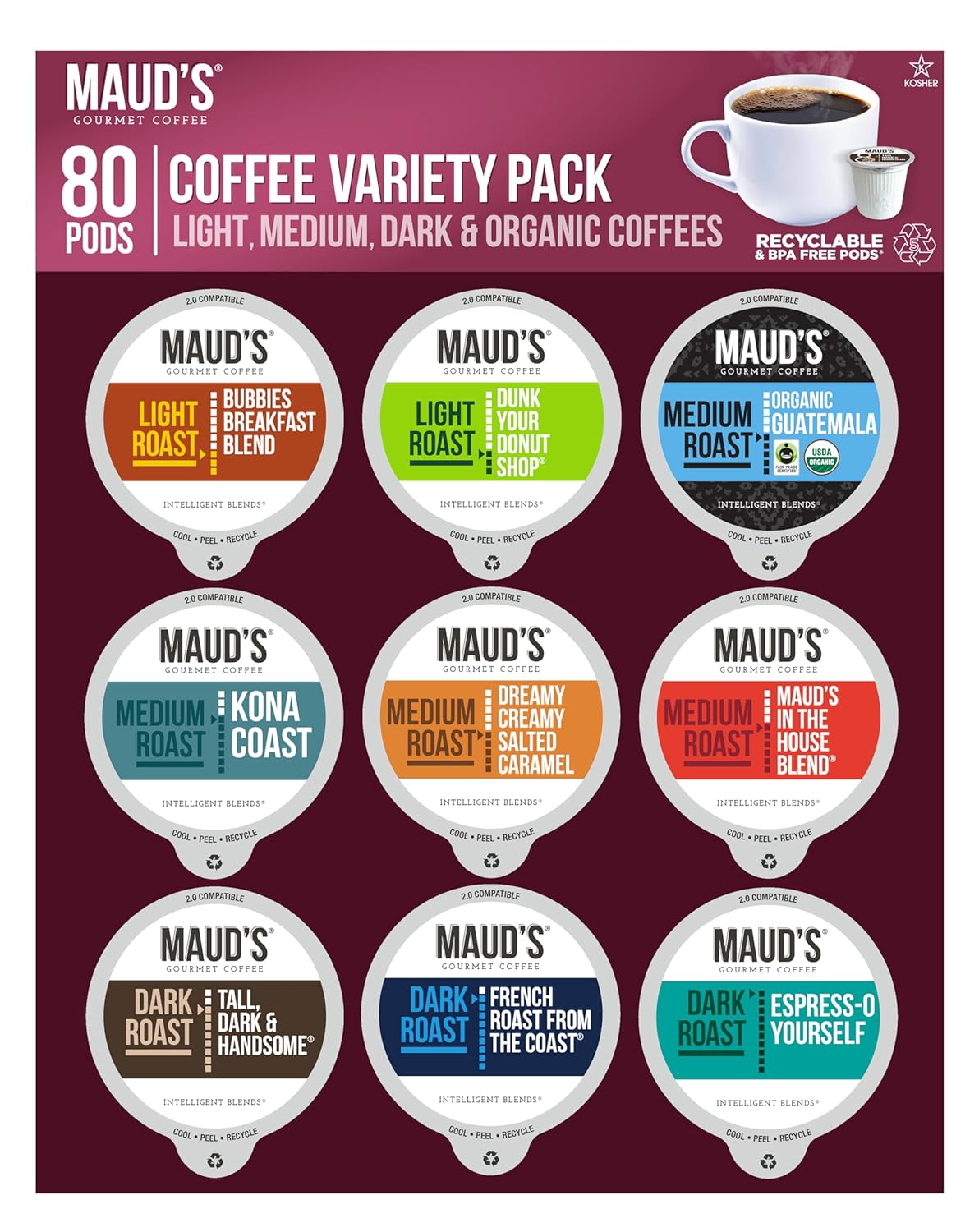 Maud' Original Flavored Coffee Pods Variety Pack, 80 ct | 9 Assorted Coffee Flavors | 100% Arabica Roasted Coffee | Solar Energy Produced Recyclable Pods Compatible with Keurig K Cups Maker