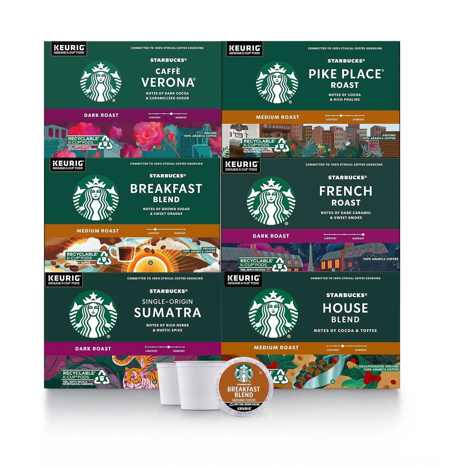 Starbucks K-Cup Coffee PodsMedium & Dark Roast Variety Pack for Keurig Brewers100% Arabica6 boxes (60 pods total)