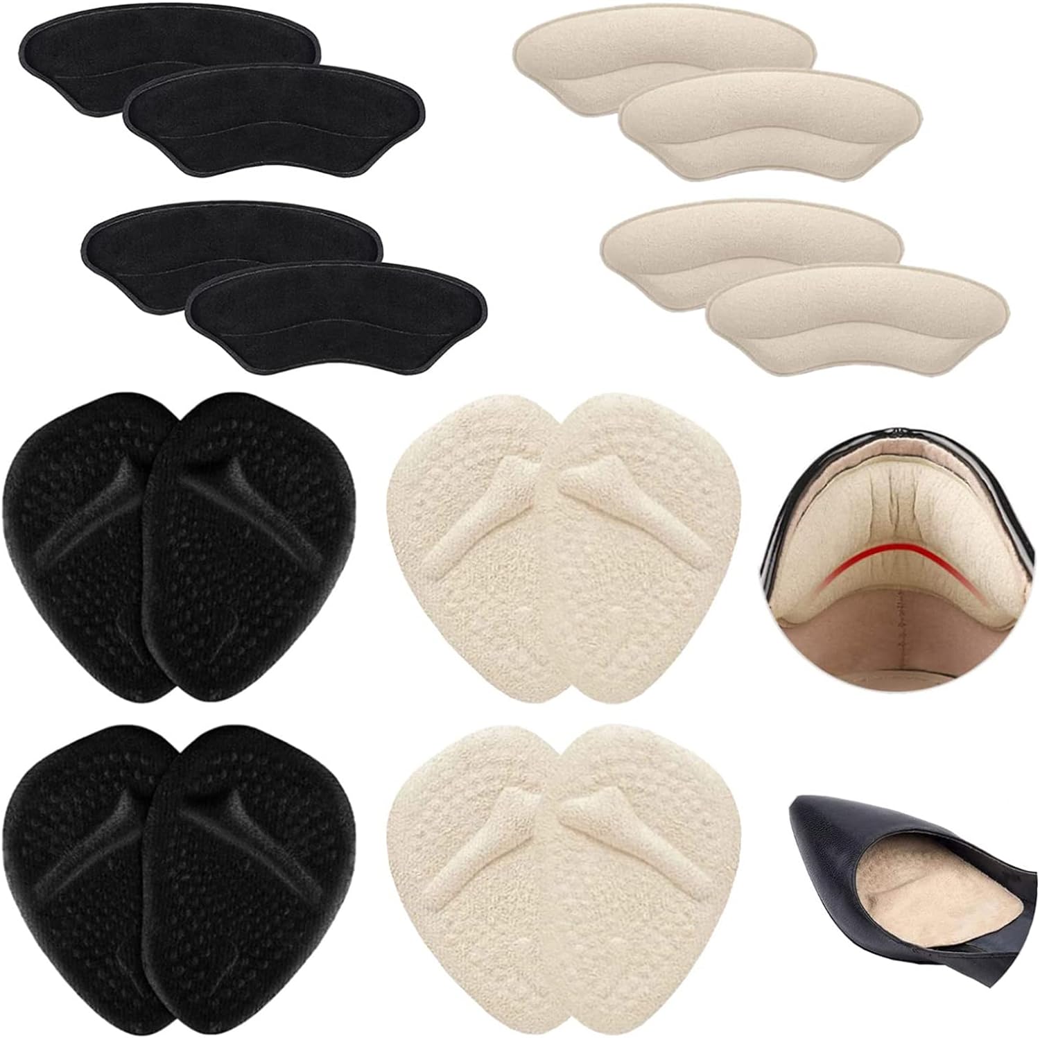 Mollerrh Heel Grips Liner Cushions Inserts and Metatarsal Pads, 4 Pairs Heel Grips and 4 Pairs Ball of Foot Cushions, High Heel Inserts for Women Men Absorb Shock, Pain Relief and Blister Prevention