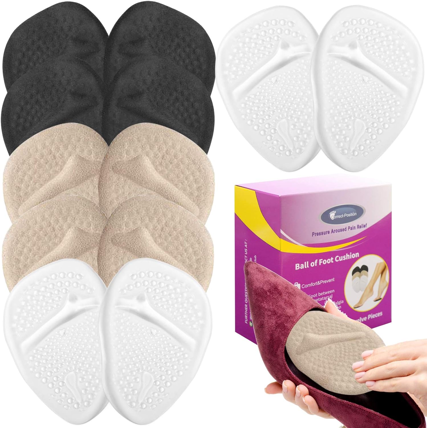 Women' Metatarsal Pads - Cushions for Ball of Foot and All Day Pain Relief (6 Pairs) - One Size Fits All Shoe Inserts, Providing Comfort and Support