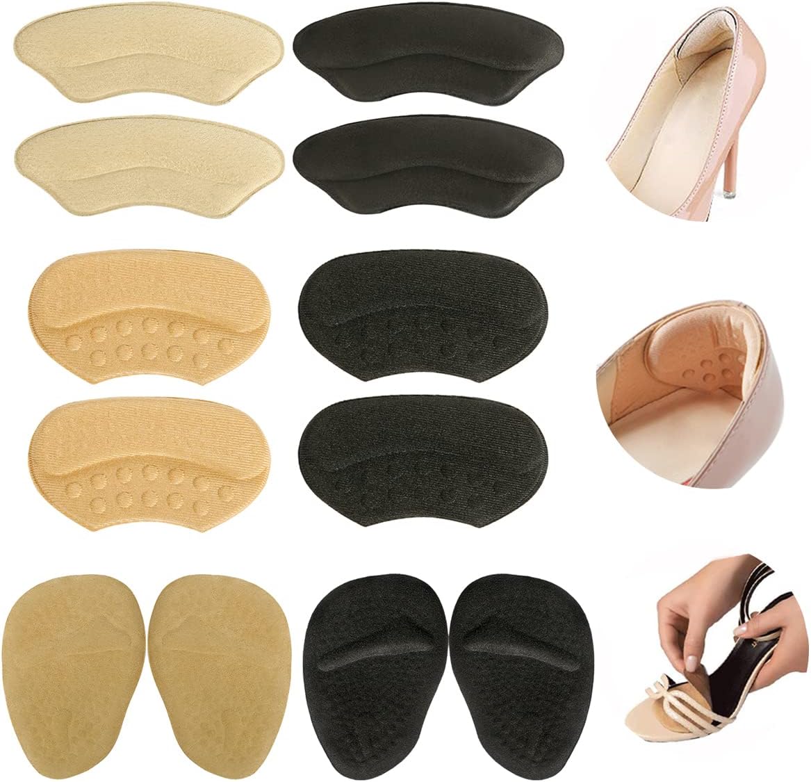 Heel Grips Liner Cushions Inserts for Loose Shoes Heel Pads and Metatarsal Pads for Shoes Too Big Women Men Prevent Heel Pain Blisters (Beige Black)