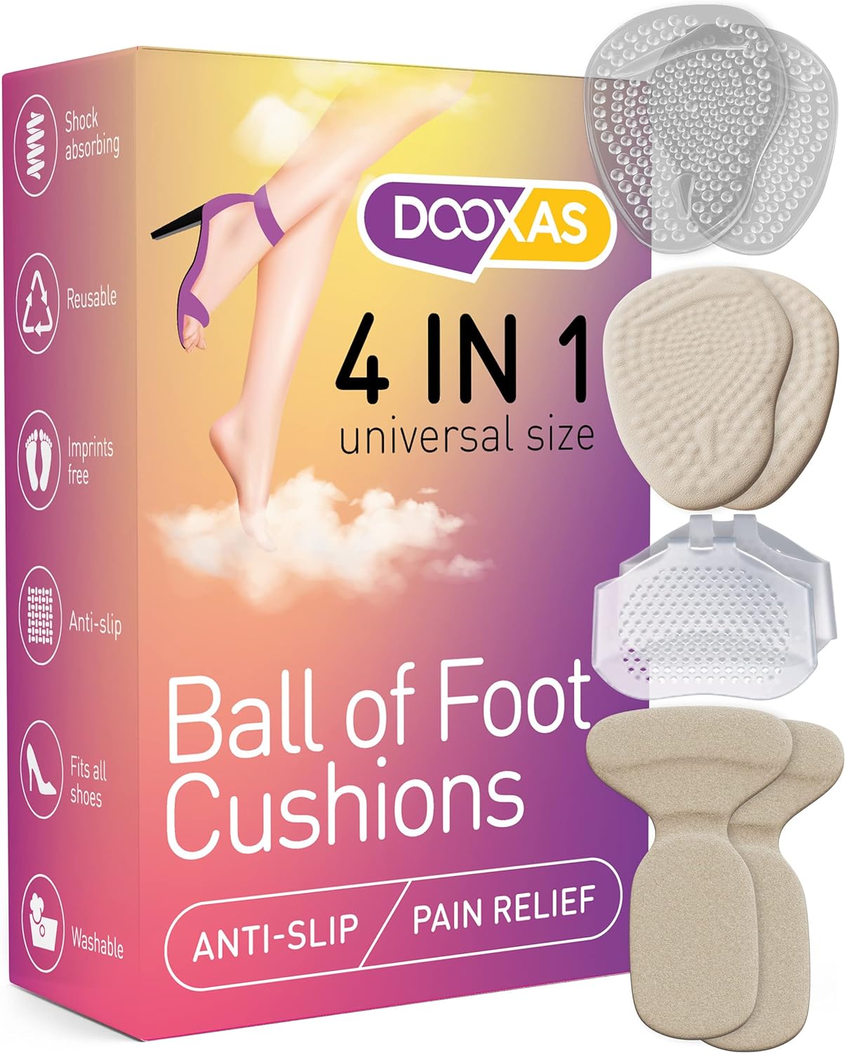 DOOXAS Ball of Foot Cushions for High Heels Shoes Metatarsal Pads for Women  Soft Gel Shoe Inserts Relieve Foot Pain  an Innovative Insoles Shape Design Adhesive Comfort (All in One Set)