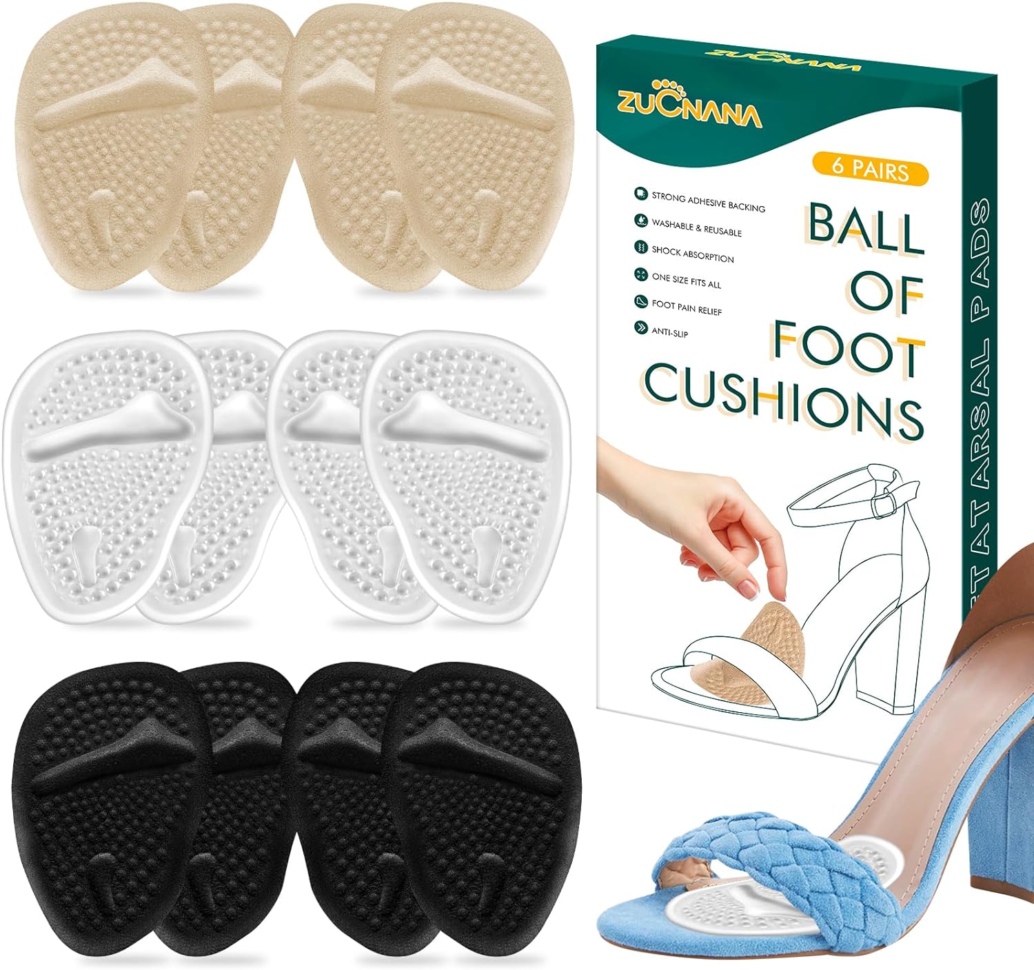 ZUCNANA Metatarsal Pads Ball of Foot Cushions (6 Pairs), Non-Slip High Heel Cushion Inserts Women, One Size Fits All Shoe Inserts for Women and Men, Reusable Foot Pads All Day Pain Relief and Comfort