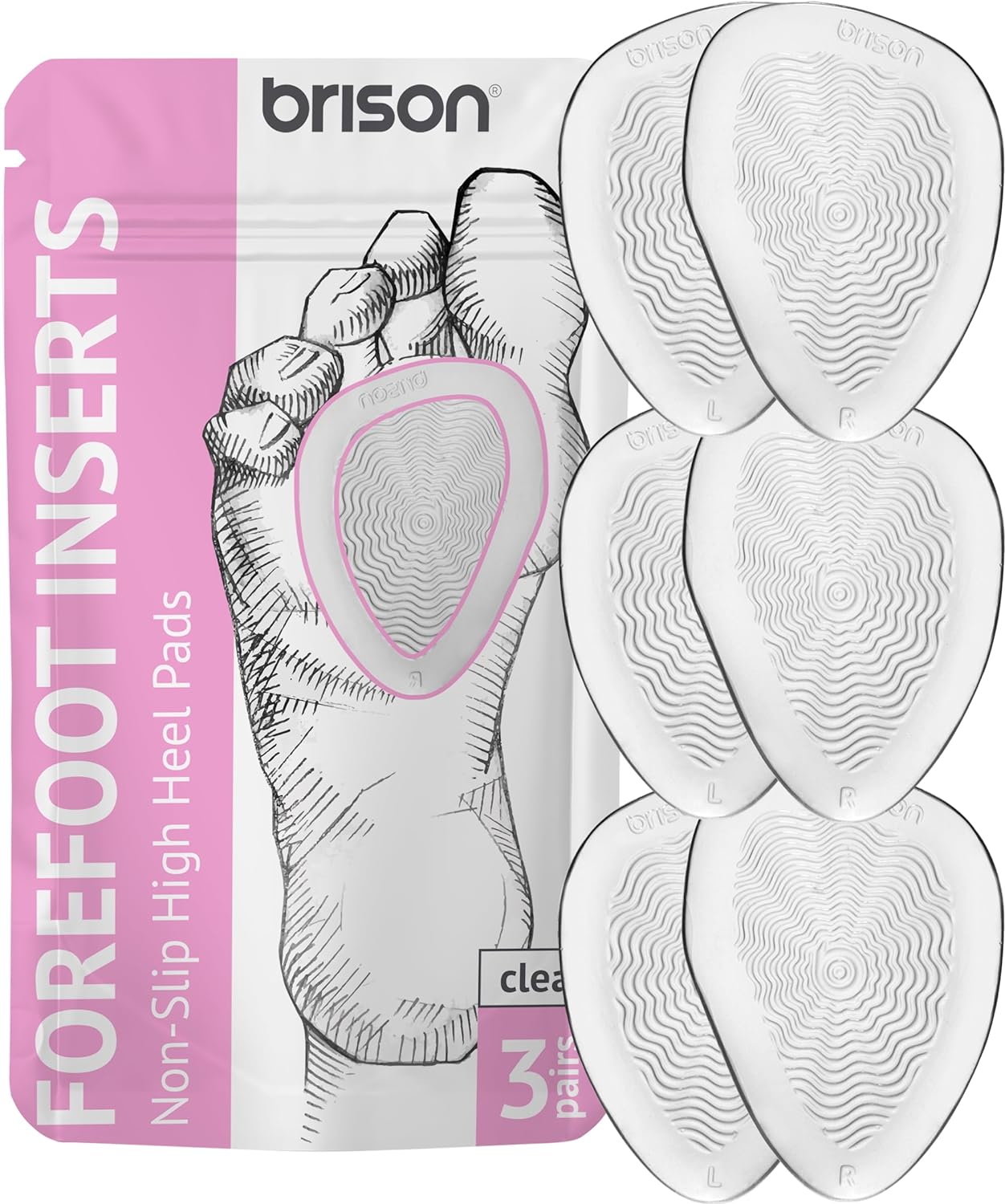 Brison Metatarsal Pads Ball of Foot Cushion 3 Pairs - Metatarsal Pads for Women Men High Heels Inserts - Soft Gel Forefoot Callus Metatarsalgia Pain Prevention Shoe Insoles no Slip Cushioning