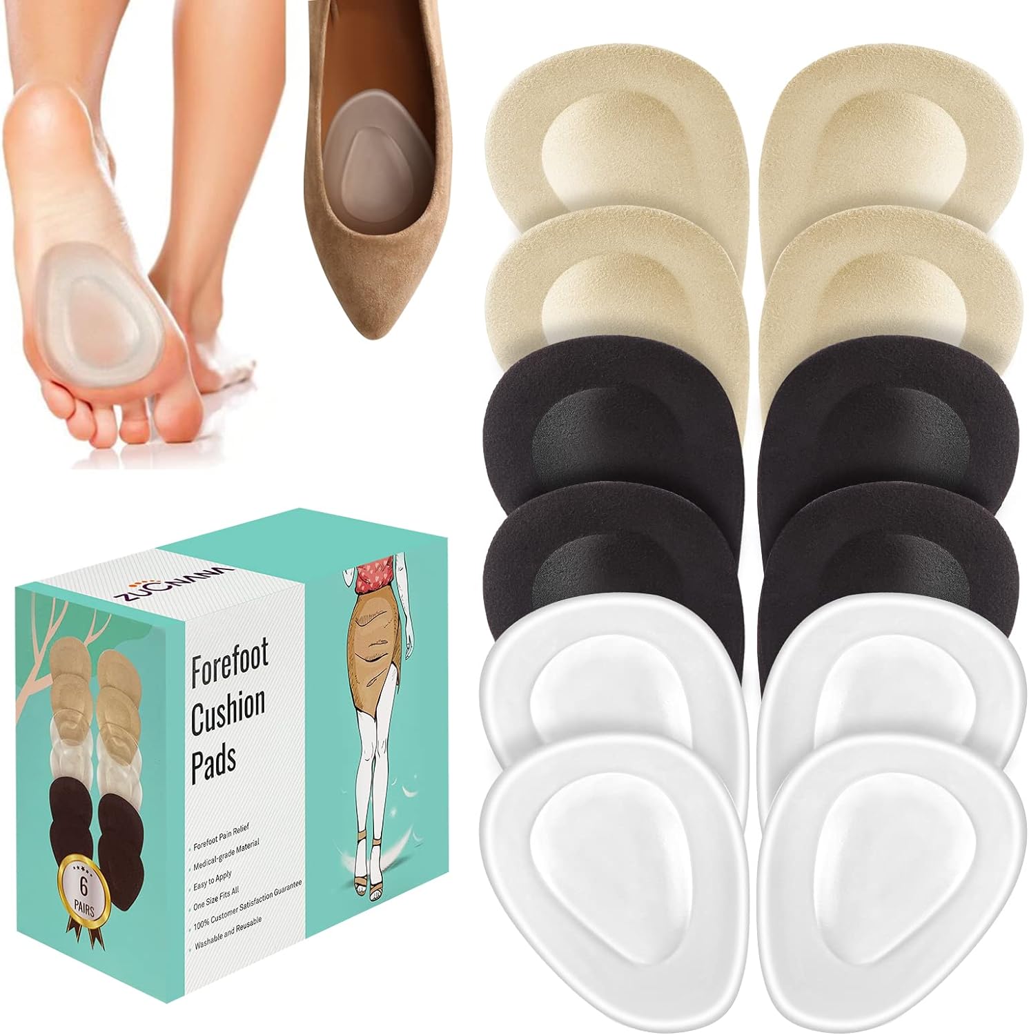 ZUCNANA Metatarsal Pads for Women (12 Pieces) | Ball of Foot Cushions for Women High Heels | Soft Gel Shoe Inserts for Foot Pain Relief from Mortons Neuroma and Callus | Anti-Slip One Size Fits Any