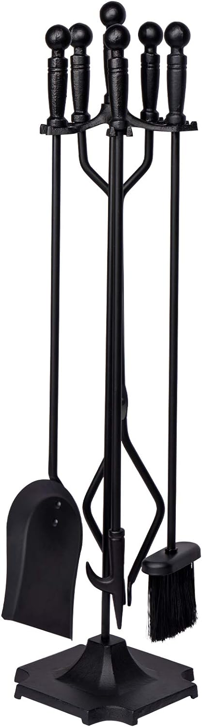 GASPRO 5-Piece Fireplace Tools Set, 32 Inch Wrought Iron Fireplace Accessories Includes Fire Poker, Shovel, Brush, Tong, and Stand, Easy to Assemble