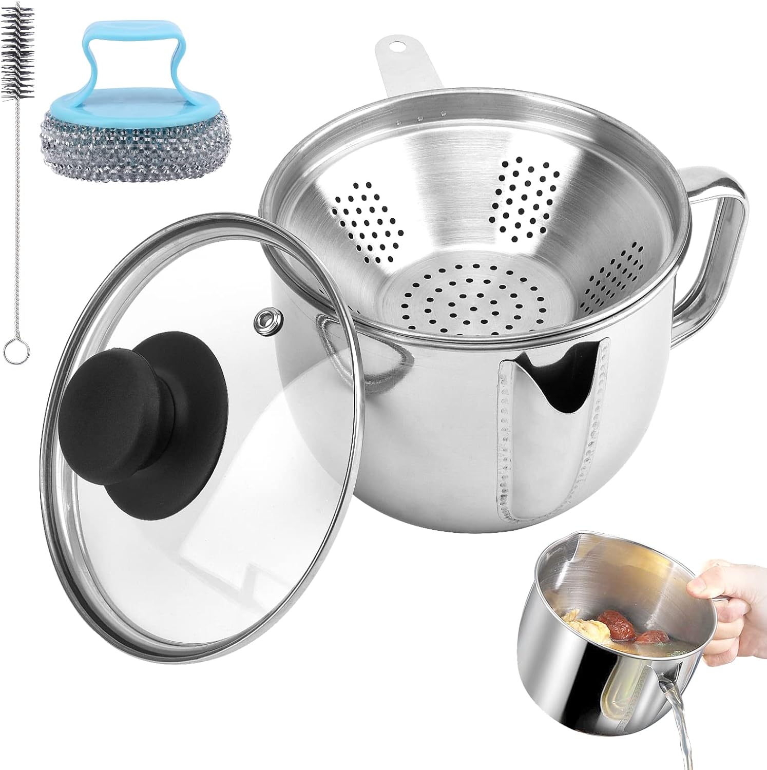 Oil Fat Separator Stainless Steel,Oil Filter Strainer Oil Separating Bowl with Strainer & Lid, Multi-use Grease Oiler Filter Strainer with Steel Wire Ball & Cleaning Brush