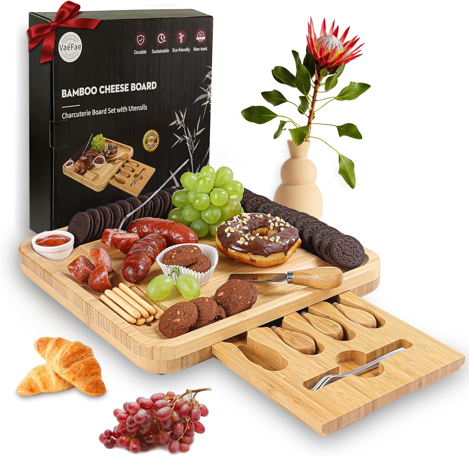 VaeFae Cheese Board and Knife Set, Bamboo Charcuterie Board with Magnetic Slide-Out Drawer and 2 Ceramic Bowls