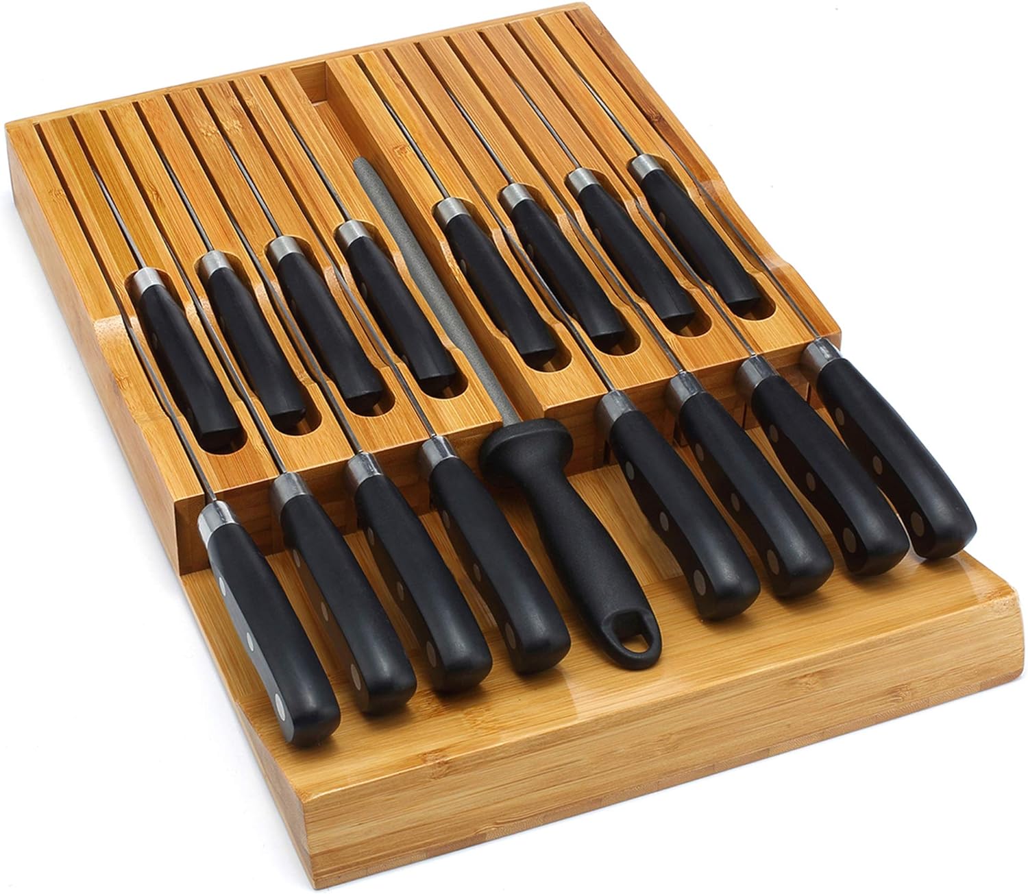 In-Drawer Knife Block,Bamboo Knife Drawer Organizer Insert, Kitchen Knife Drawer Storage for 16 Knives PLUS a Slot for your Knife Sharpener (Without Knives)