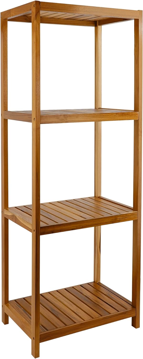 VaeFae Teak Bathroom Shelf, 4-Tier Storage Shelf, Wooden Stand Shelf Organizer for Bathroom, Kitchen, Living Room, Laundry, Garage