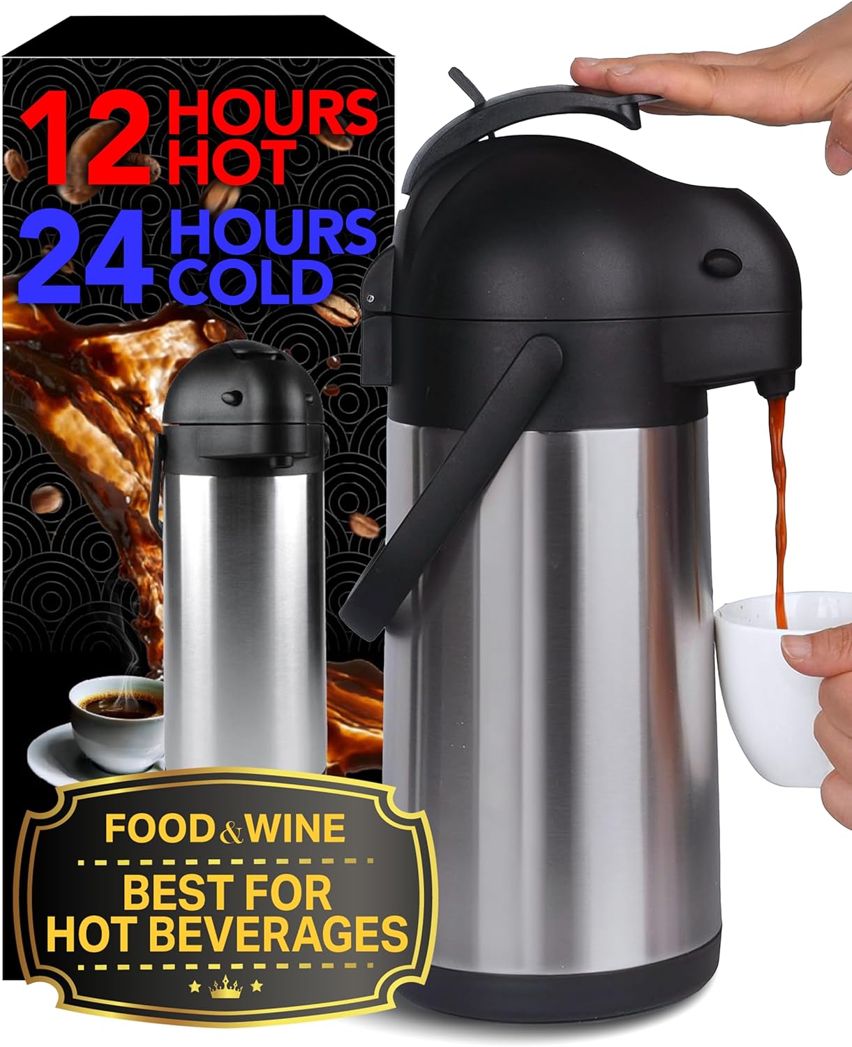 Airpot Coffee Carafe 74oz - 12 Hours Hot Drink Dispenser, Thermal Coffee Carafe - Insulated Stainless Steel Coffee Carafes for Keeping Hot - Drink Warmer & Airpot Coffee Dispenser with Pump - Cresimo