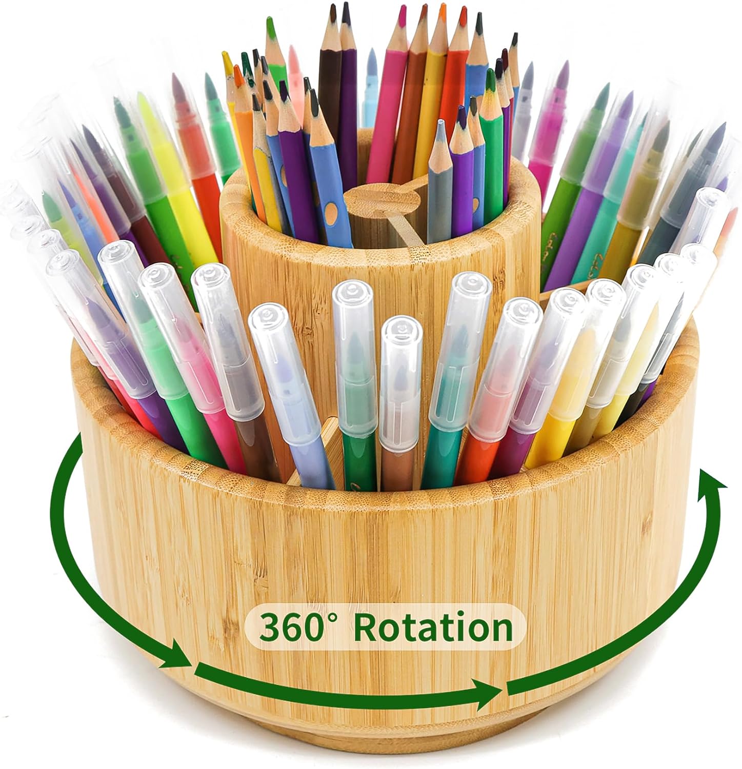 VaeFae Bamboo Pen Holder Organizer, Round Rotating Art Supply Organizer, Hold 420 Pencils, Desktop Storage for Marker Pens, Colored Pencil, Art Brushes, etc.