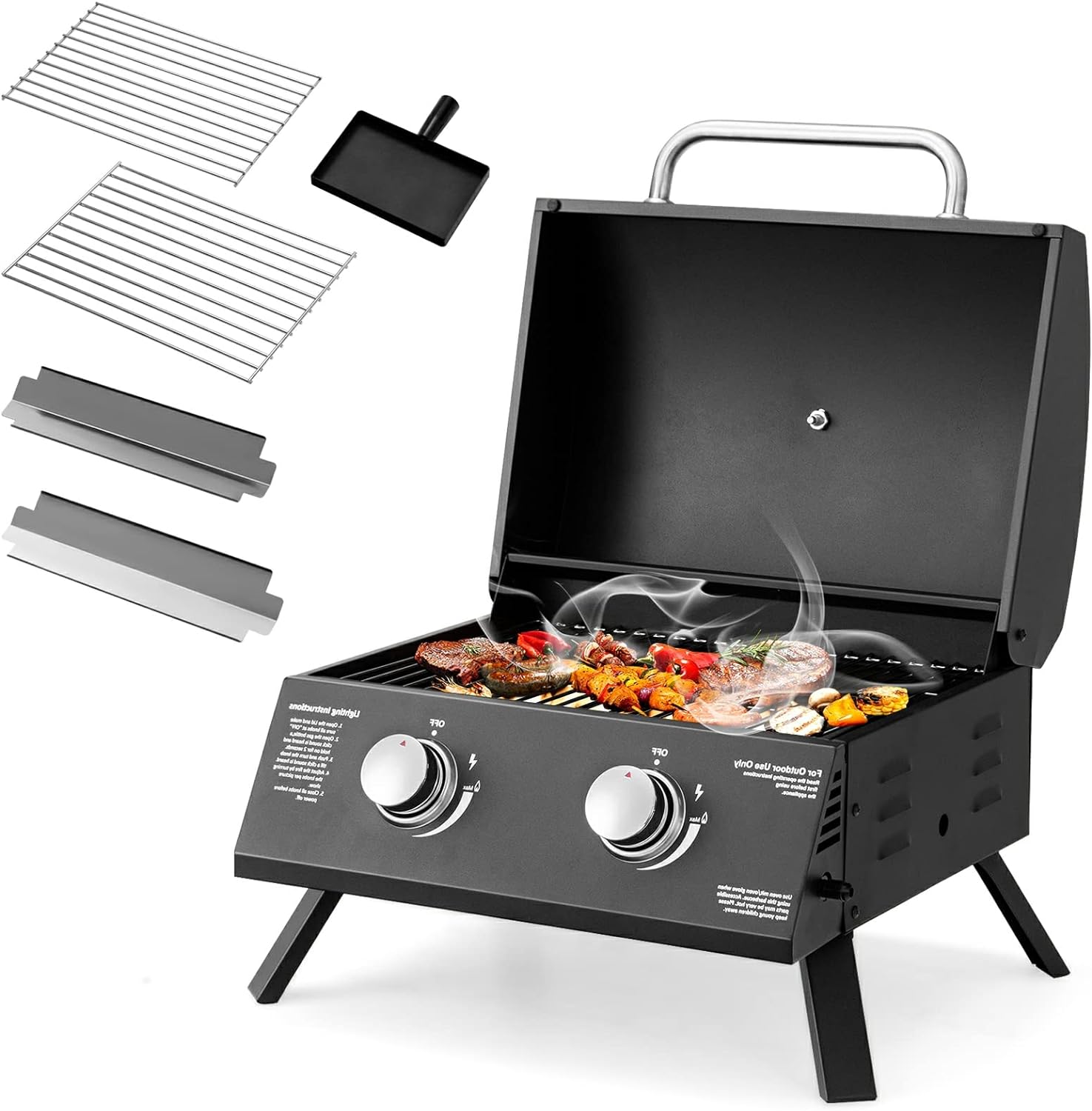 COOURIGHT Portable Gas Grill, 20,000 BTU Two Burner Tabletop Barbecue Grill w/Built-in Thermometer, Grease Tray, Waterproof Top Lid, Folding Legs, Compact Propane Grill for Backyard, Camping, Picnic