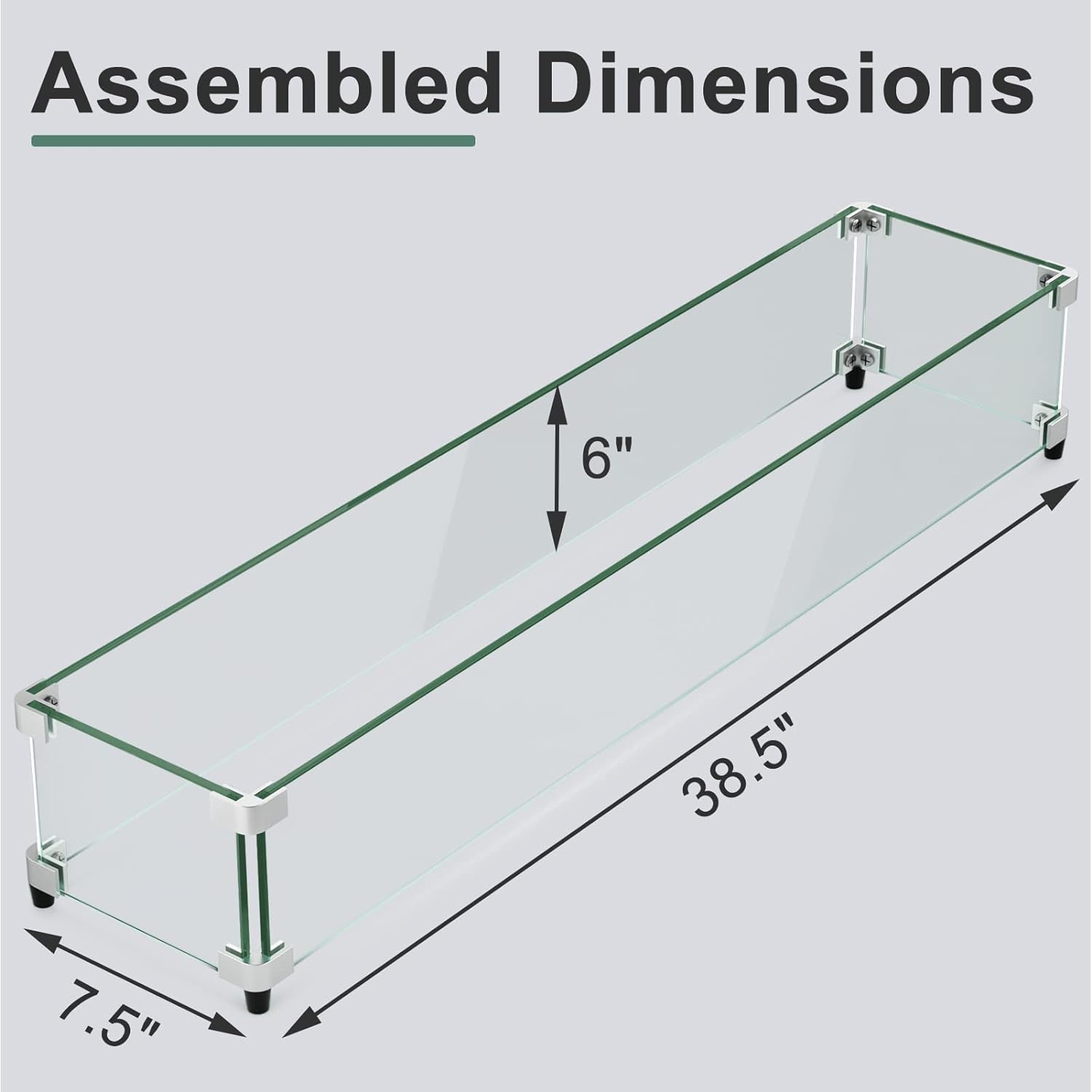 GASPRO 38.5 x 7.5 Inch Glass Wind Guard for Rectangular Fire Pit Table, Thick and Sturdy Tempered Glass Panel with Hard Aluminum Corner Bracket & Rubber Feet, Easy to Assemble