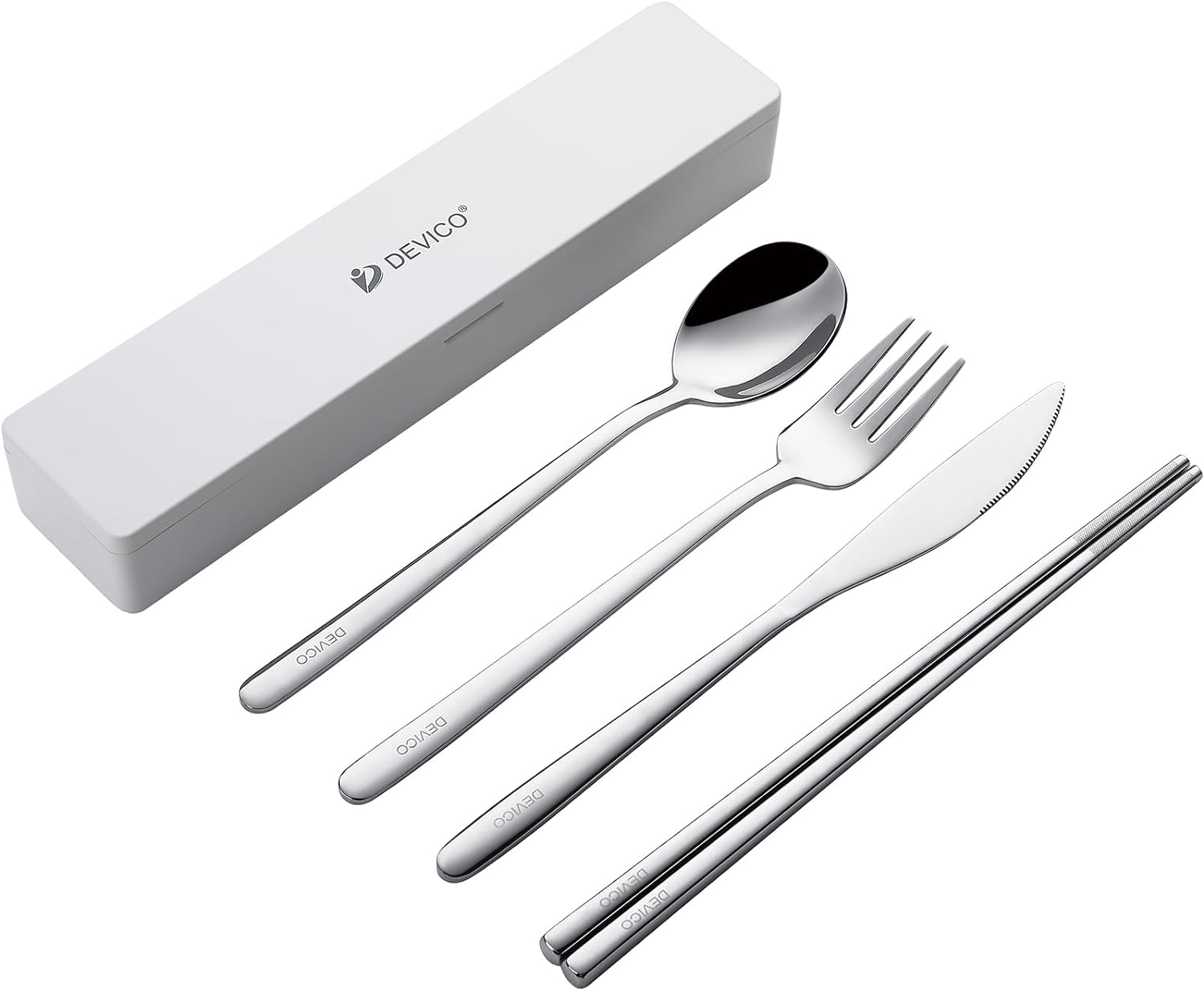 DEVICO Travel Utensils With Case, Portable Camping Silverware Cutlery Set, Reusable 18/8 Stainless Steel Flatware Tableware for Lunch, Include Knife Spoon Fork Chopsticks